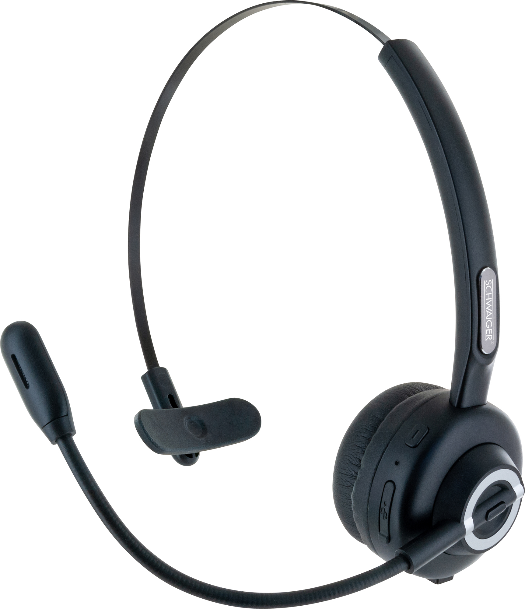 Schwarzes drahtloses Headset mit Mikrofon und Ohrhörer, isoliert auf Weiß.