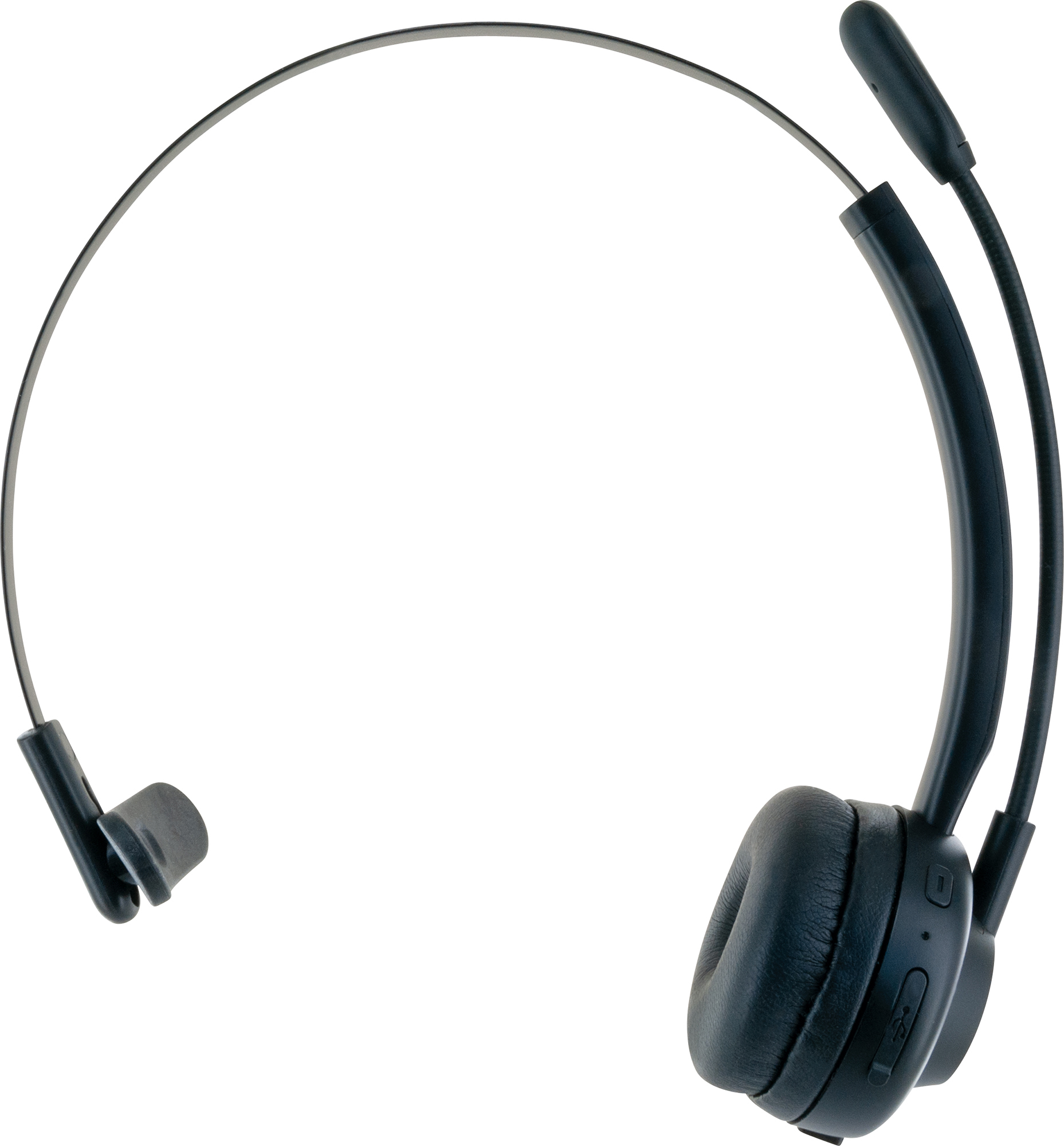 Kabelloses schwarzes Headset mit flexiblem Mikrofonarm. Weißer Hintergrund.