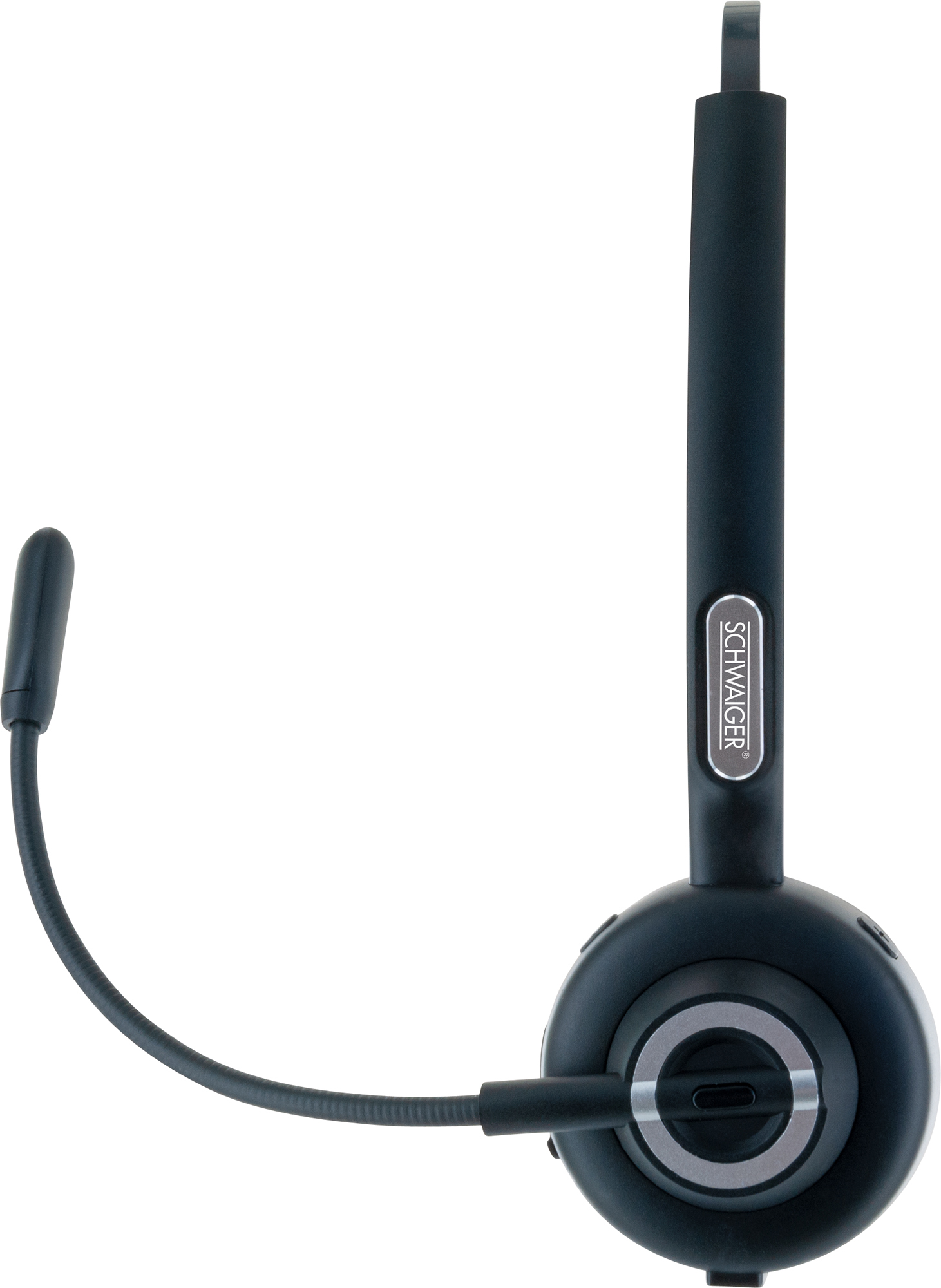 Ein schwarzes Headset mit flexiblem Mikrofon, Marke SCHWAGER aufgedruckt.