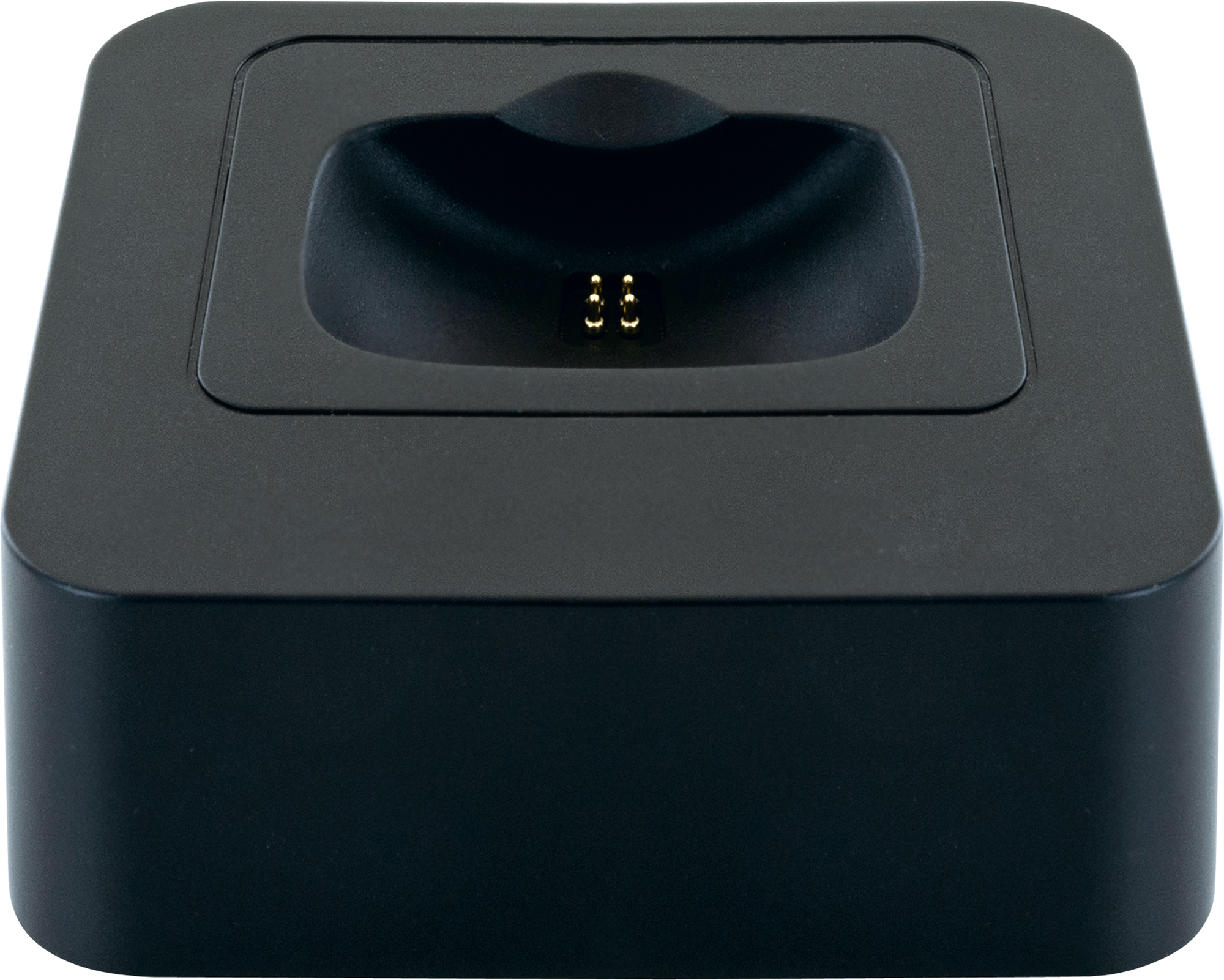 Schwarze Dockingstation für ein Gerät, schlichtes Design, mit rechteckiger Basis und einem Schlitz.