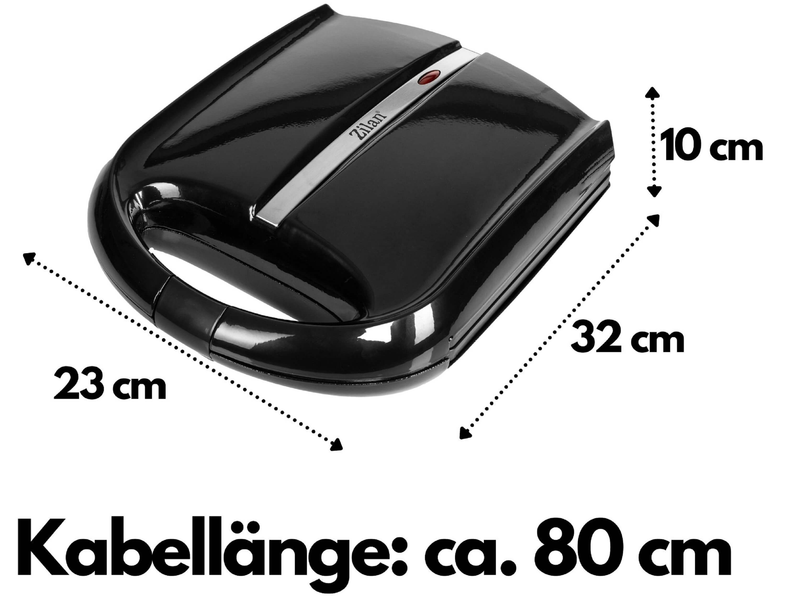 Czarny opiekacz do kanapek z wymiarami i opisem długości kabla.