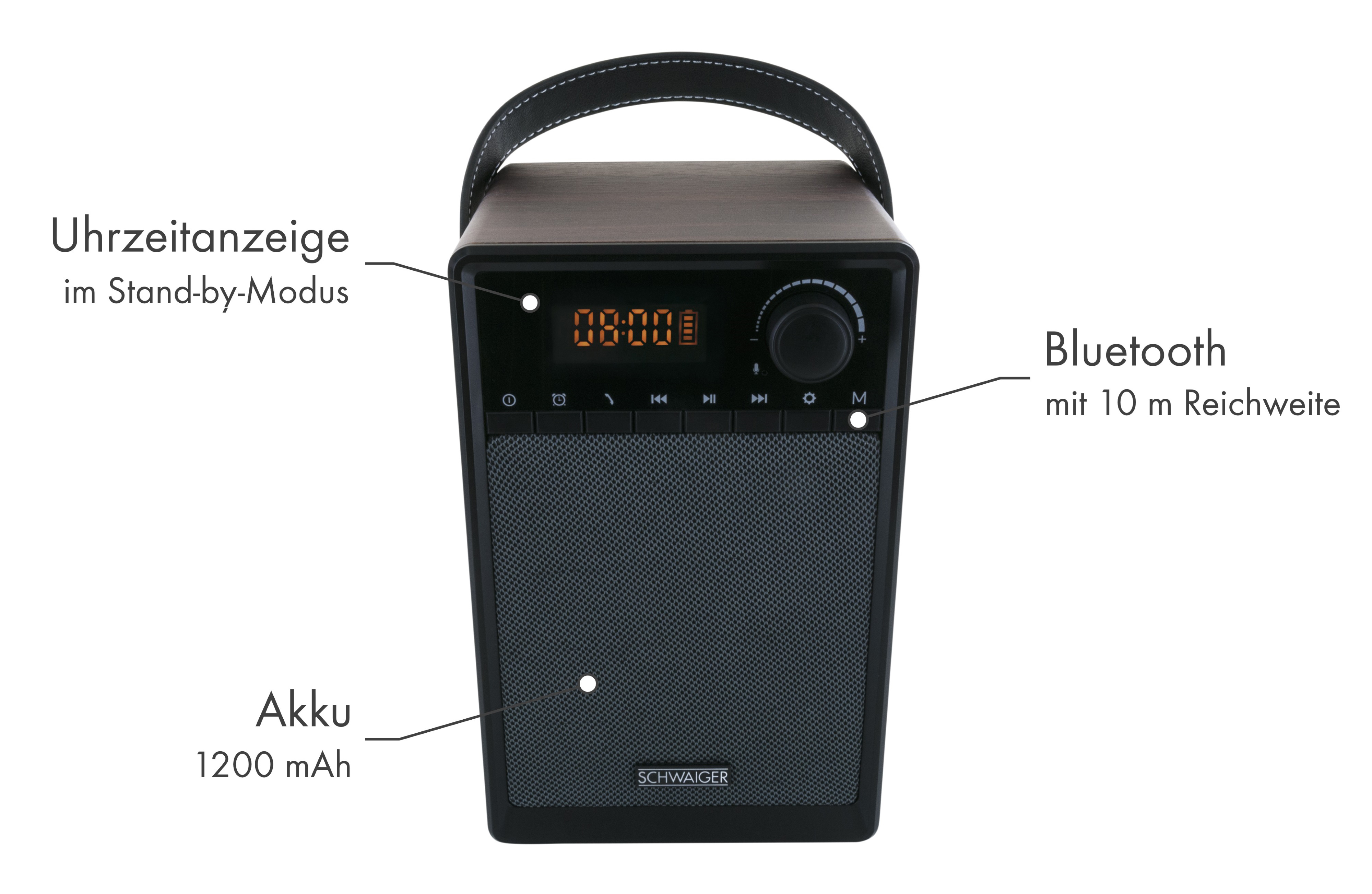 Ein schwarzer und holzfarbener Lautsprecher mit Stundenanzeige und Bluetooth-Info.