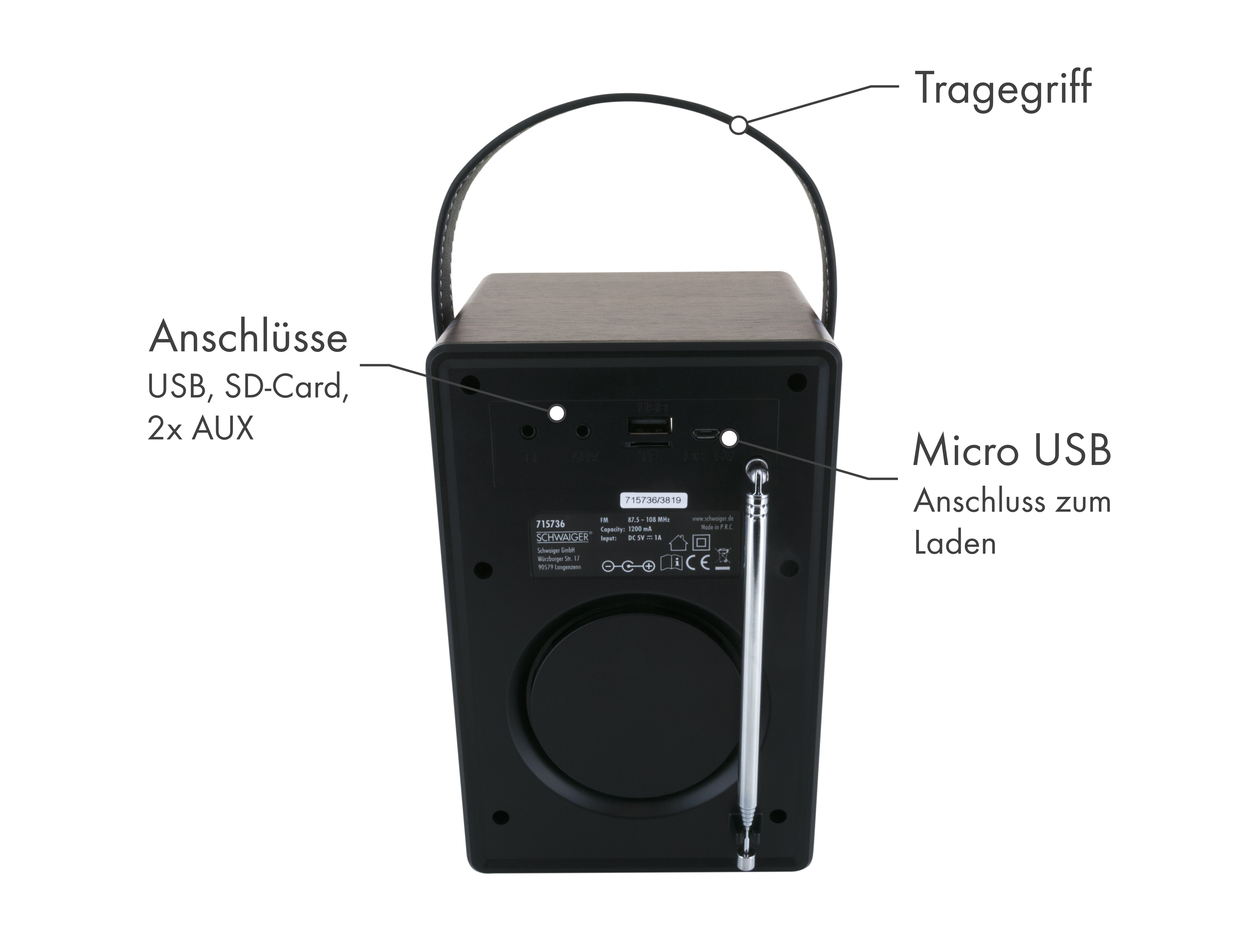 Schwarzer Lautsprecher mit Griff, USB, SD-Karte und AUX-Anschlüssen. Micro-USB-Anschluss zum Laden.