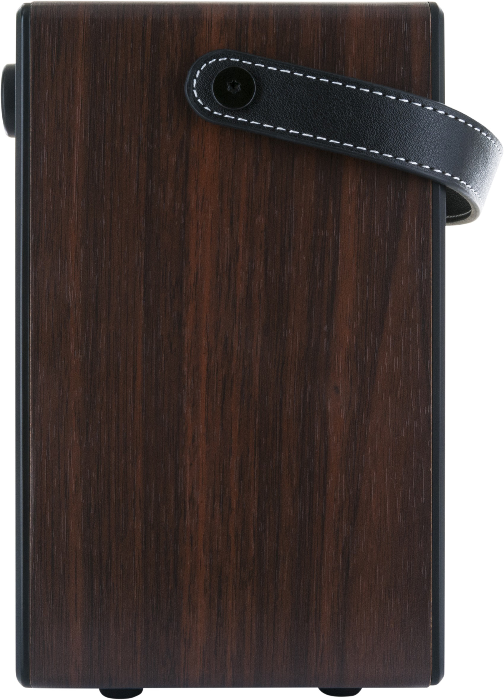 Holzlautsprecher mit Ledergriff, schwarzen Akzenten und weißem Hintergrund.