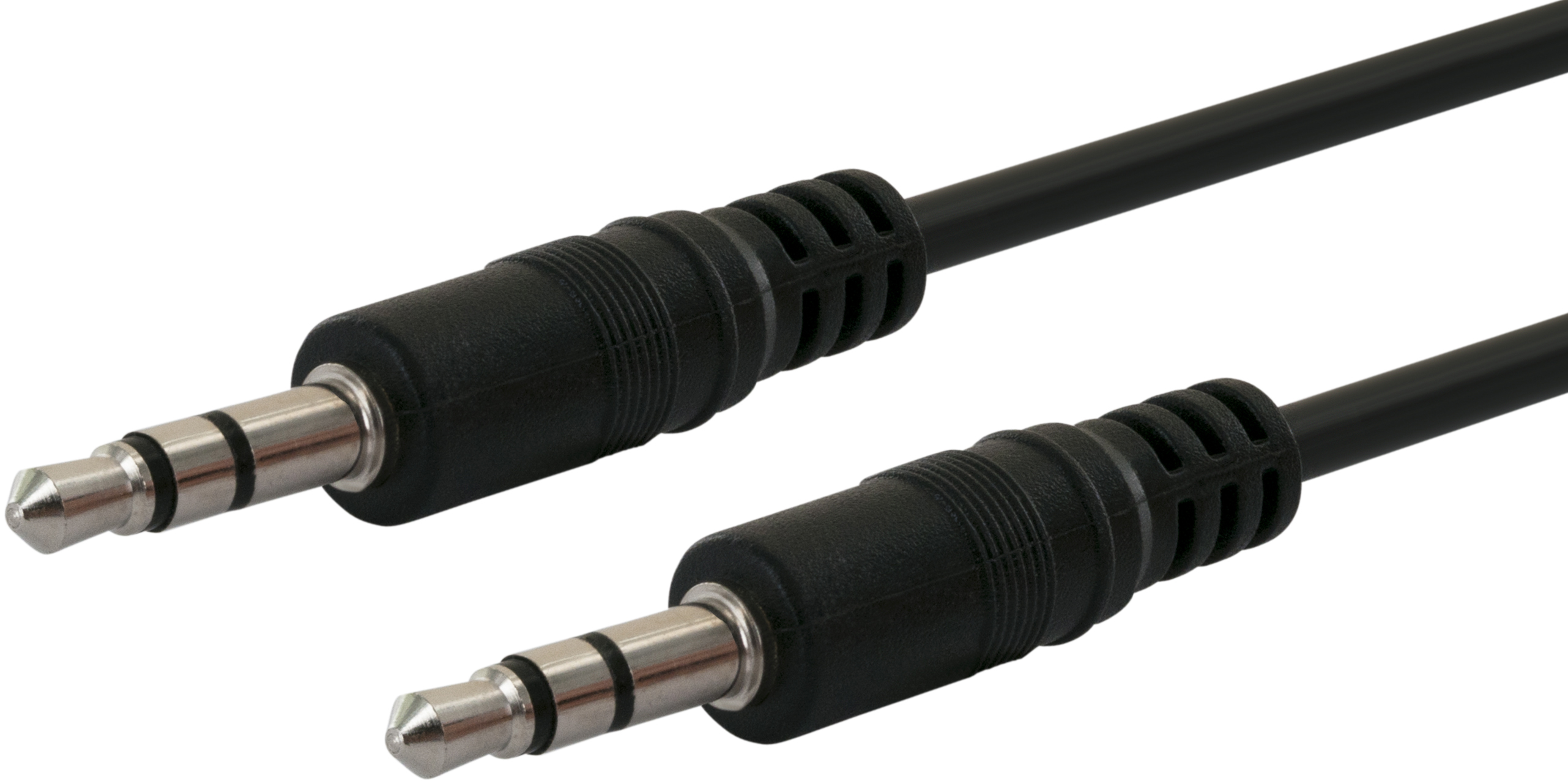 Zwei schwarze Audio-Kabel mit silbernen Steckern vor weißem Hintergrund.