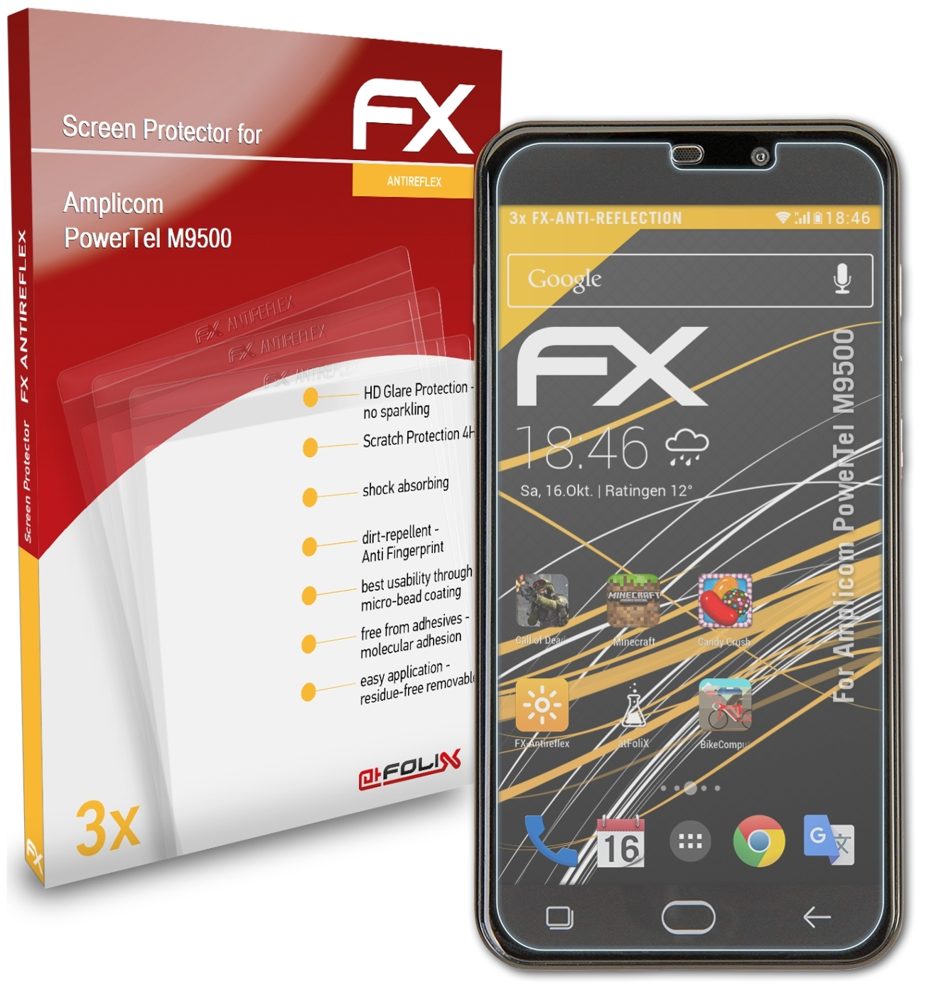 FX-Antireflex PowerTel Amplicom Displayschutz(für M9500) ATFOLIX 3x