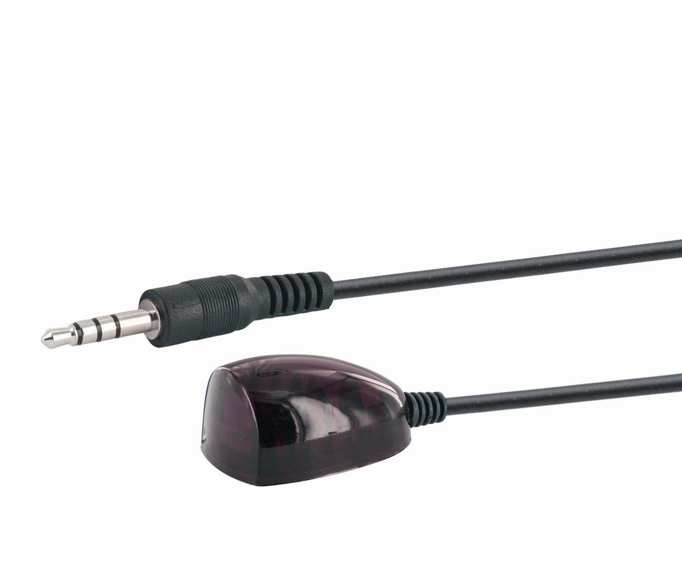 Schwarzes IR-Empfängerkabel mit 3,5-mm-Klinke und lila Sensor.