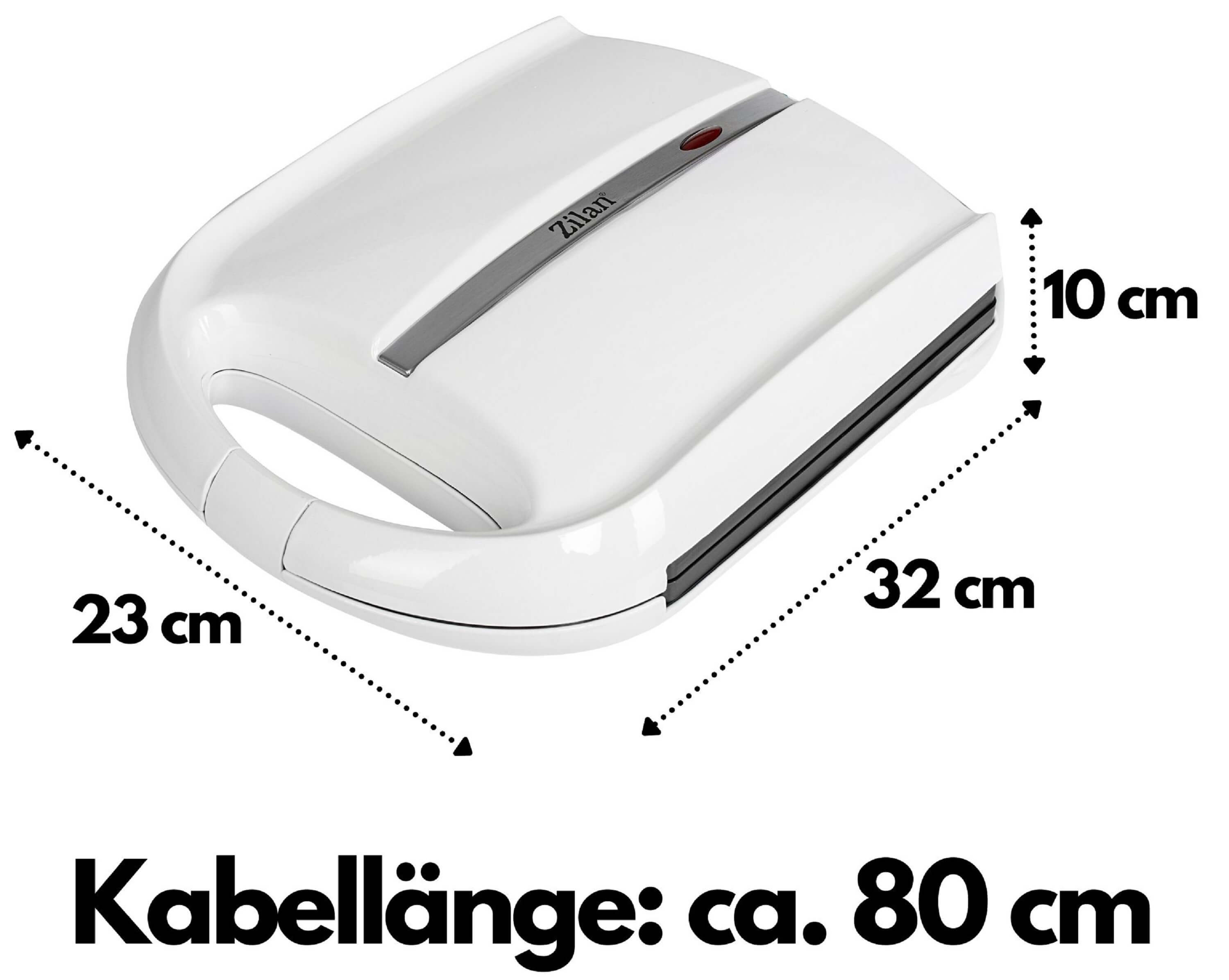 Ein weißer Sandwichmaker. Maße: 23cm x 32cm x 10cm, mit einer Kabellänge von 80cm.
