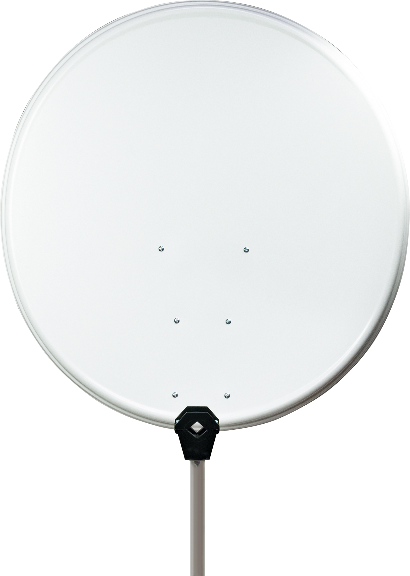 Eine weiße Satellitenschüssel mit einem schwarzen Arm.