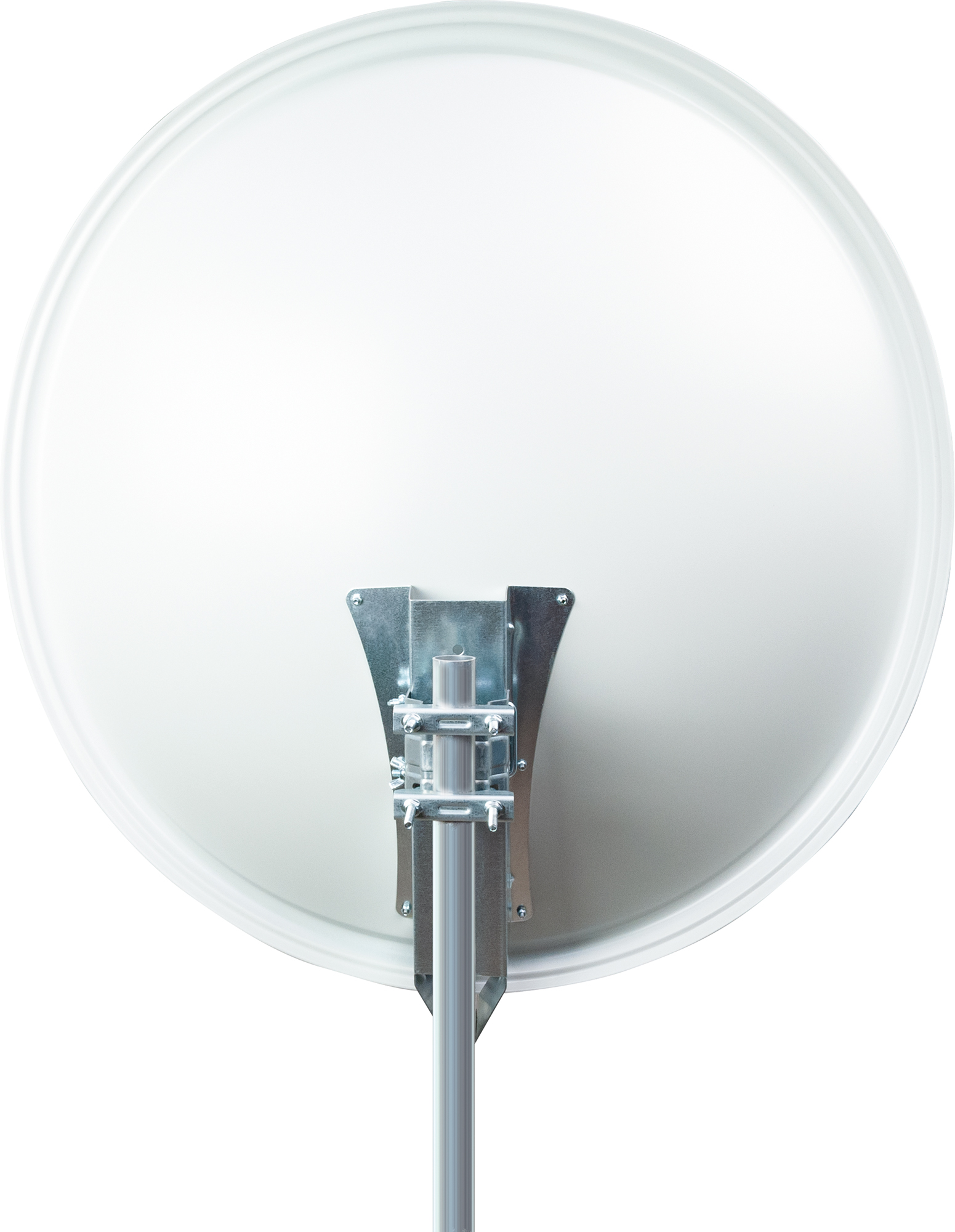Eine weiße Satellitenschüssel, montiert auf einer silbernen Stange mit einer Metallhalterung.