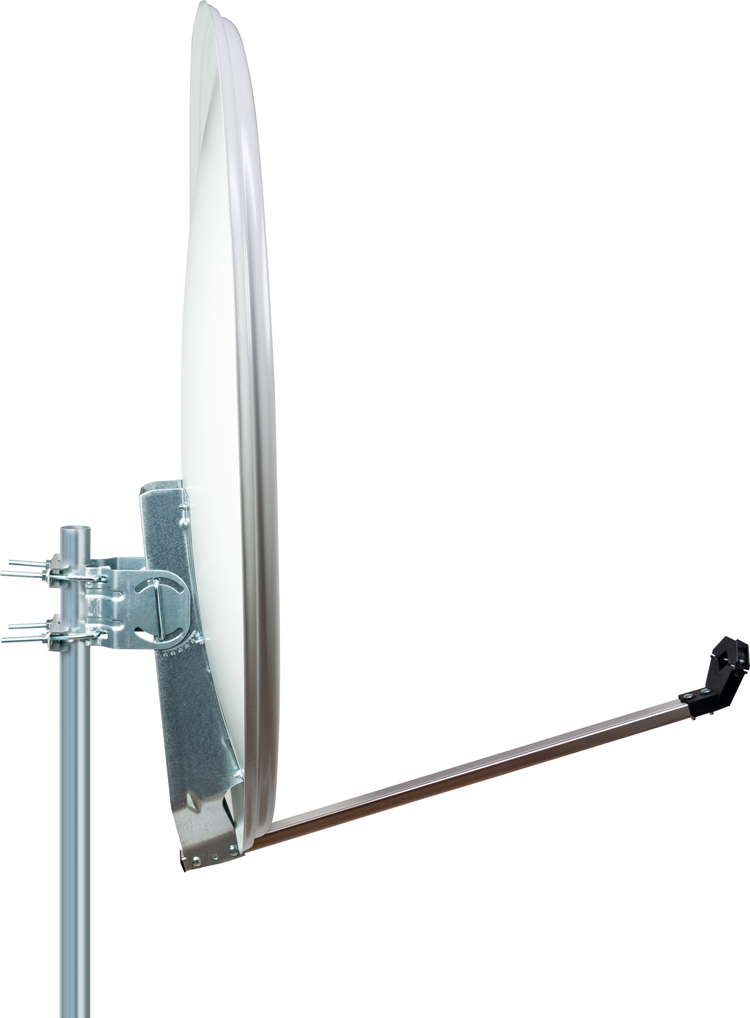 Eine Satellitenschüssel auf einem Mast montiert. Die Schüssel ist weiß, mit silbernem Arm und Halterung.