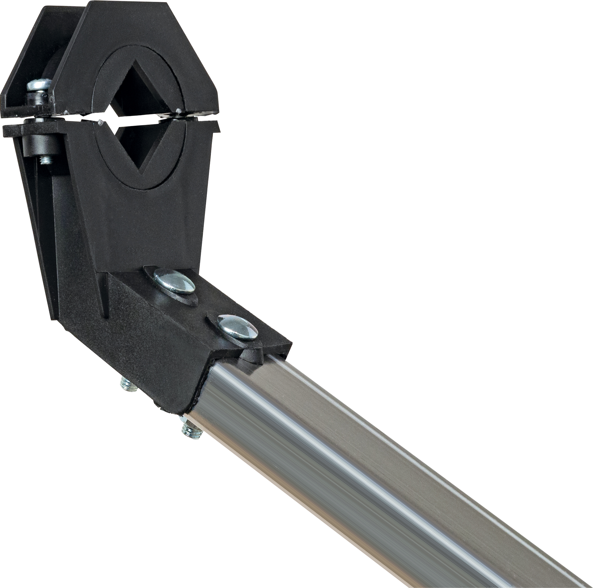 Eine schwarz-silberne Klemme. Die Klemme ist an einer Metallstange befestigt. Die Klemme hat eine schwarze Gummiauskleidung.