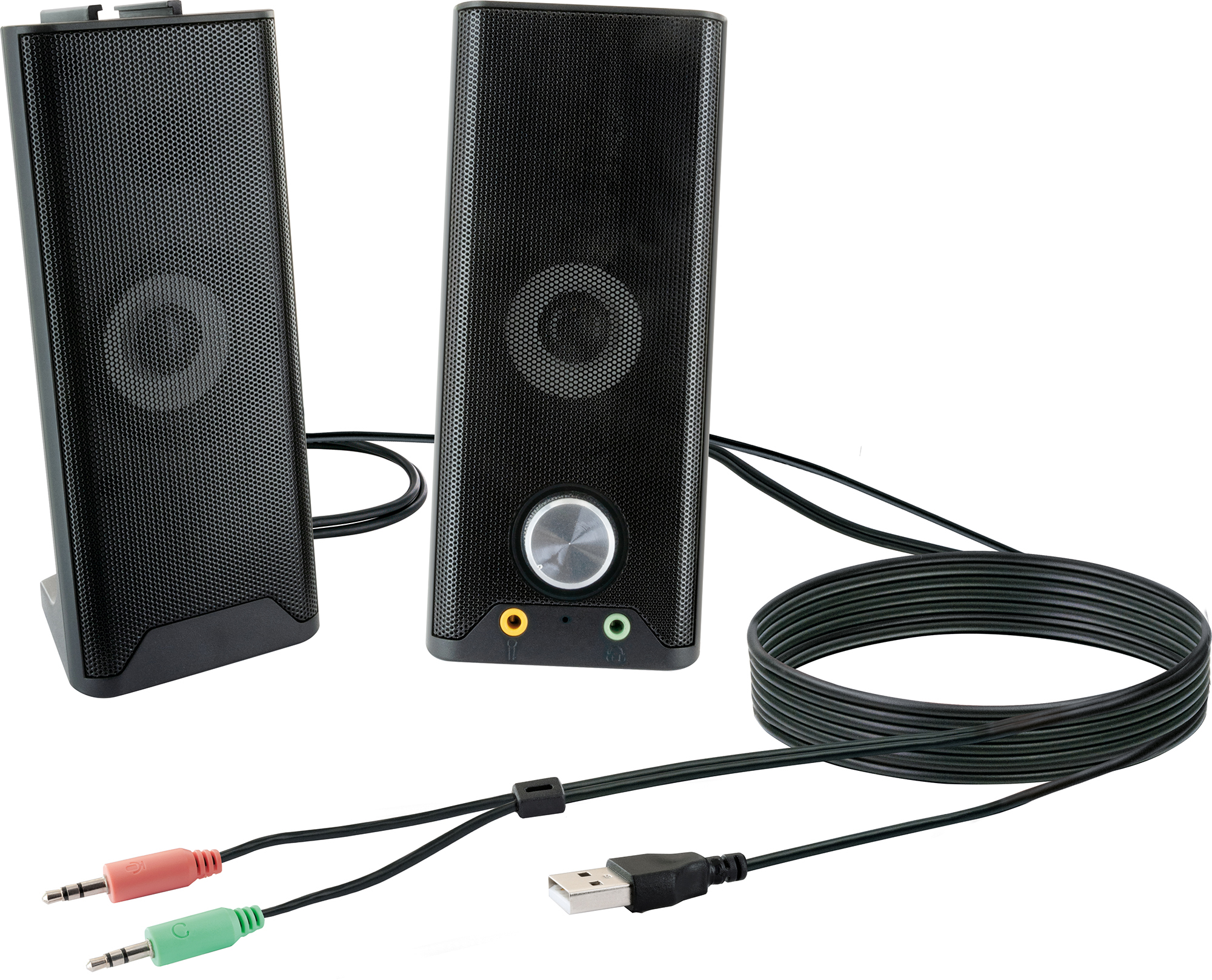 Zwei schwarze Lautsprecher mit silbernem Drehknopf und USB- und Audiokabel angeschlossen.