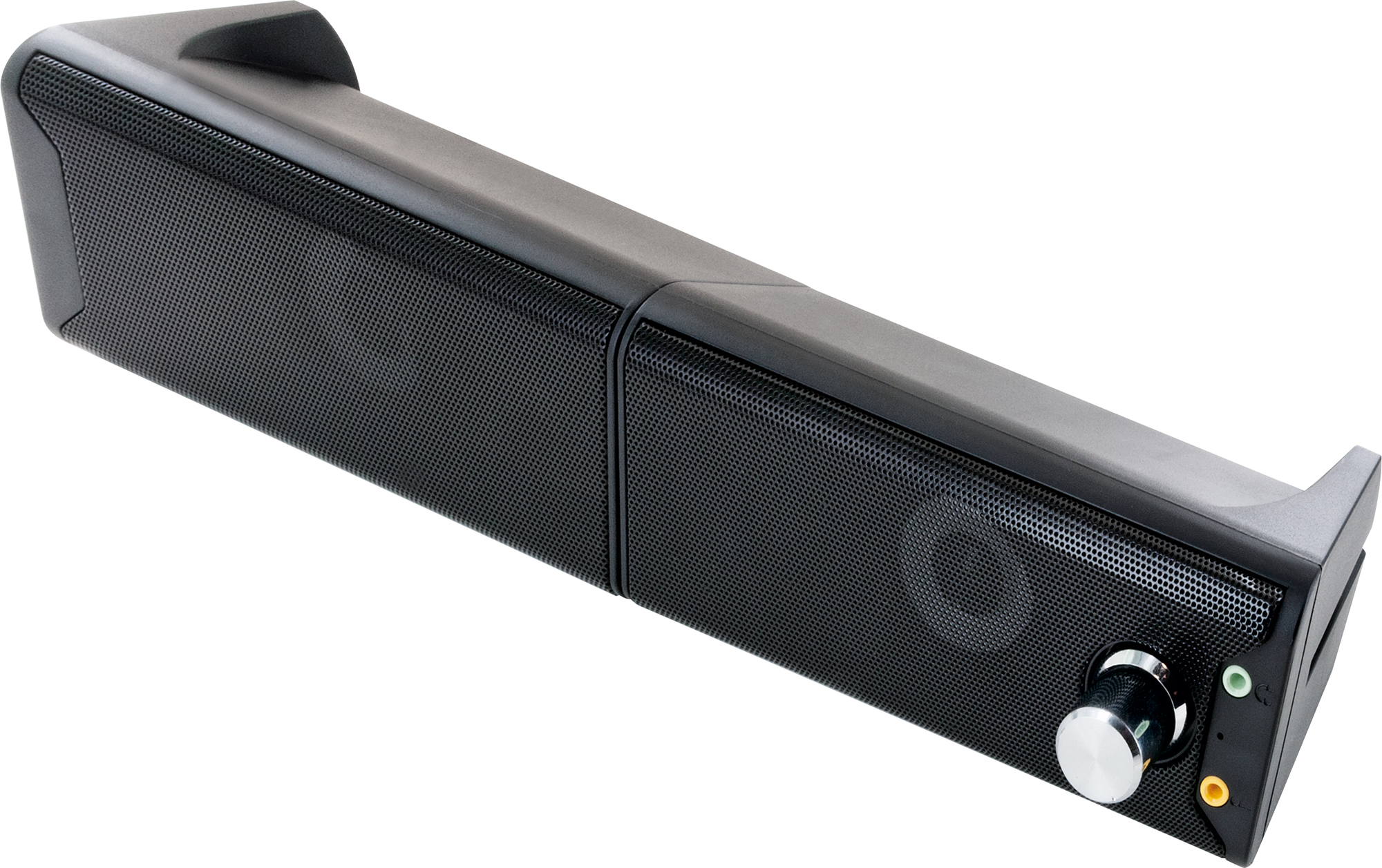 Eine schwarze Soundbar mit silbernem Lautstärkeregler auf weißem Hintergrund.