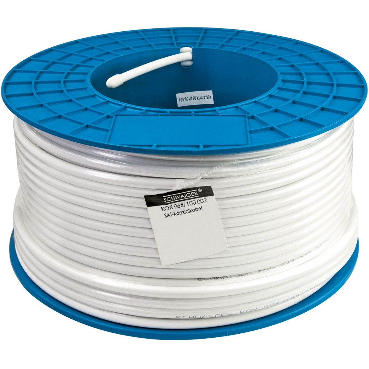 Eine Spule weißes Koaxialkabel mit blauem Sockel und Produktetikett.