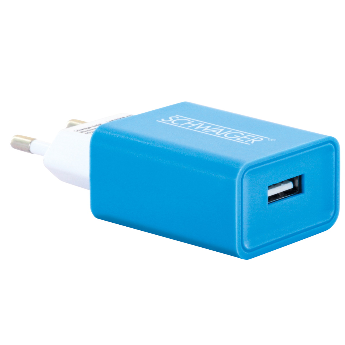 Blaues Ladegerät mit USB-Anschluss und weißen Stiften.