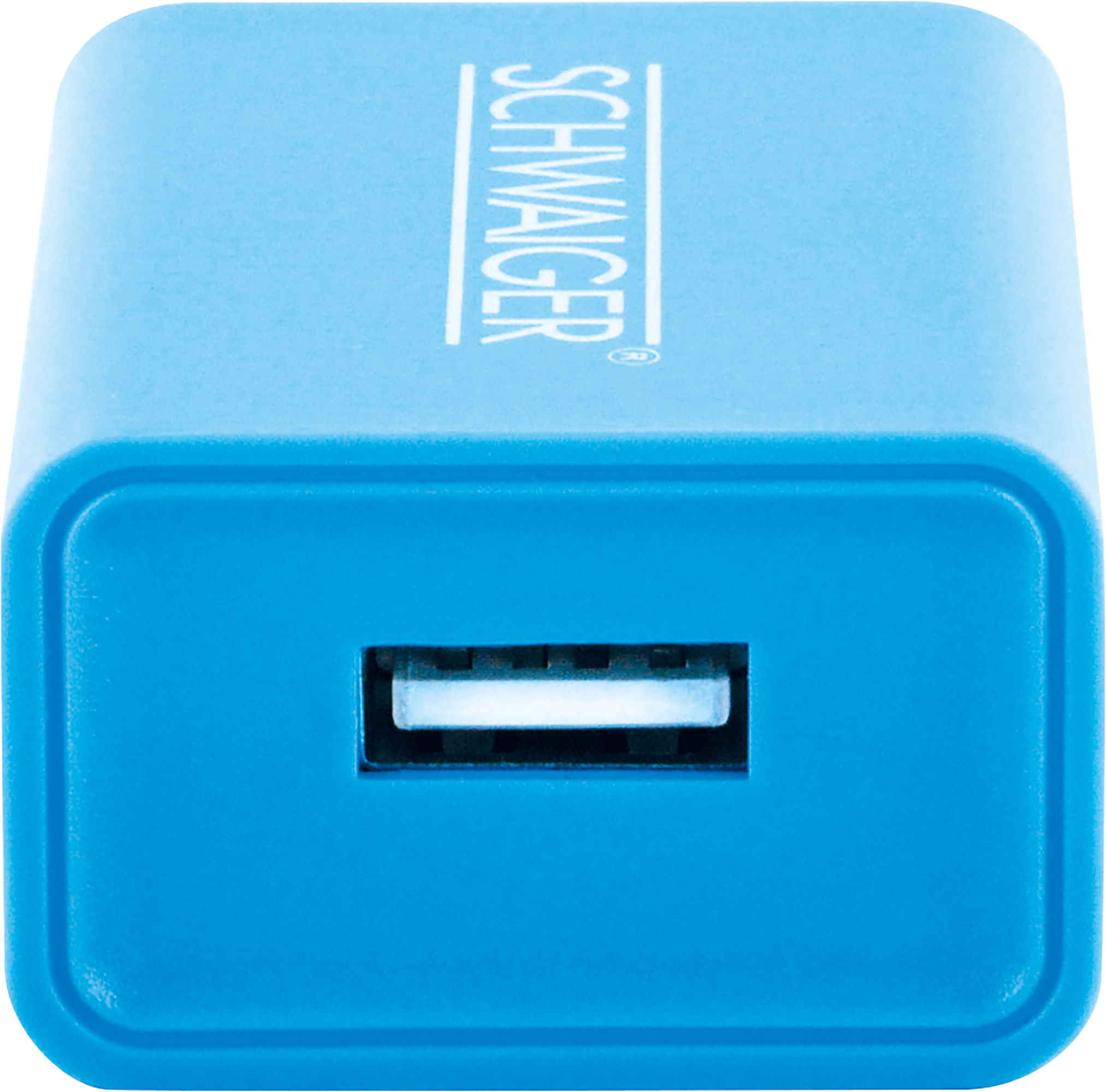 Ein blaues Ladegerät mit USB-Anschluss auf weißem Hintergrund.