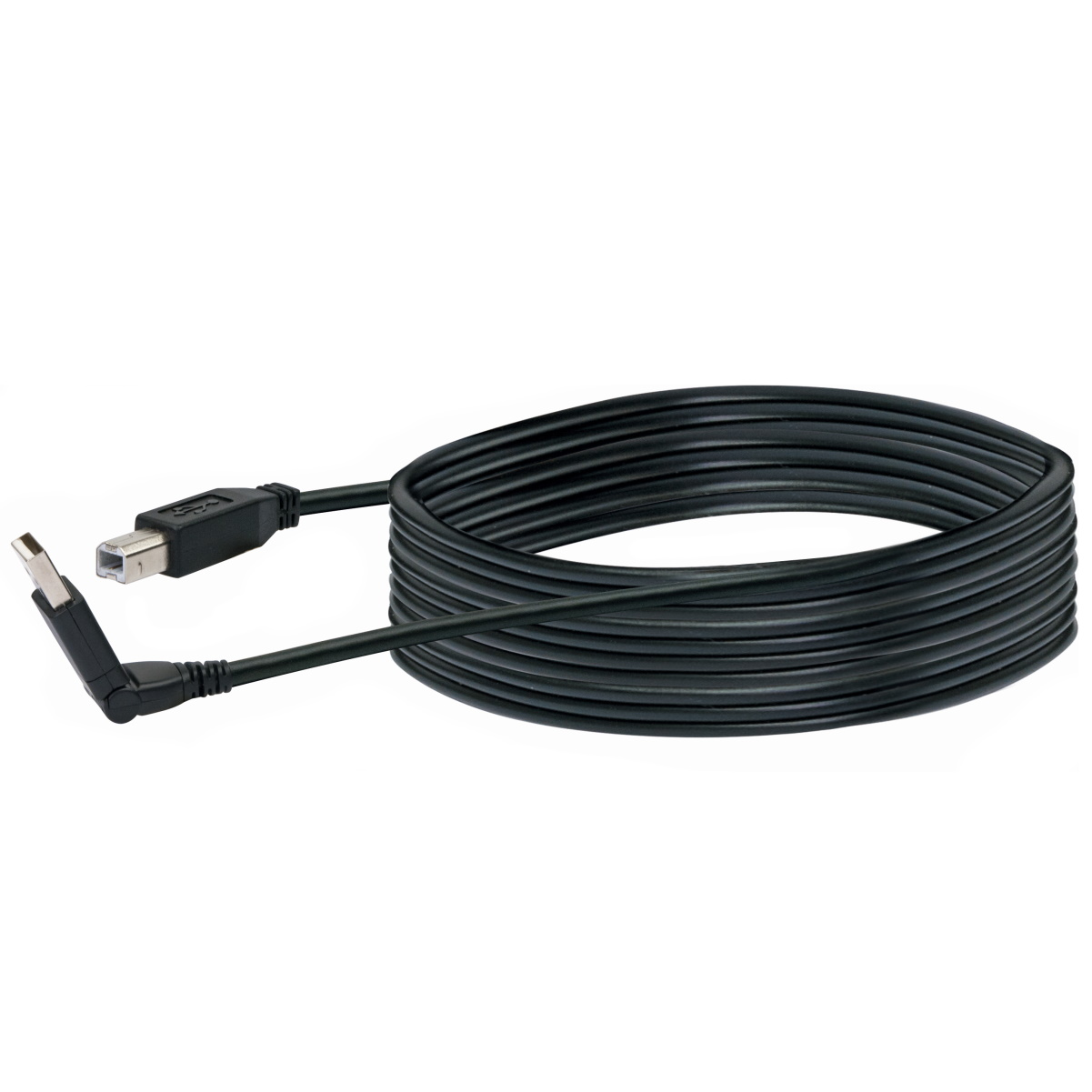 Ein schwarzes USB-Kabel auf weißem Untergrund. Das Kabel hat einen USB- und einen kleineren Stecker.
