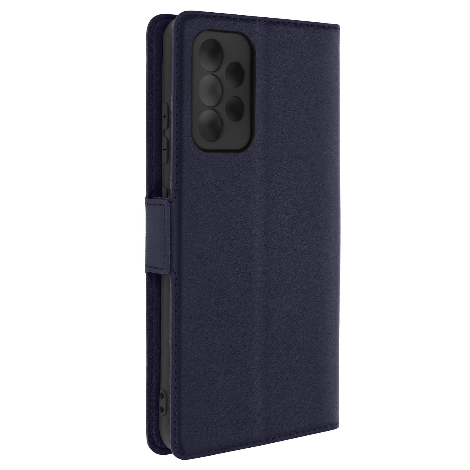 Una custodia per telefono blu scuro chiusa con chiusura magnetica, su una superficie bianca.