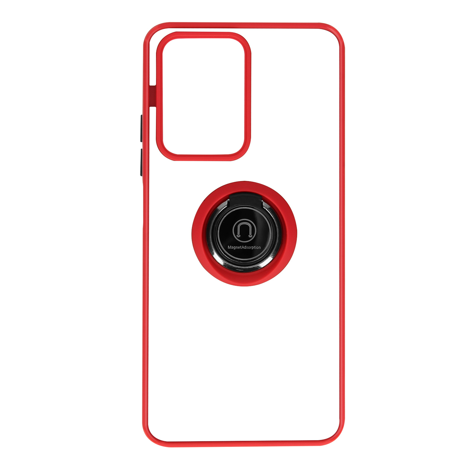Custodia per telefono rossa e trasparente con ritaglio per fotocamera e anello magnetico.