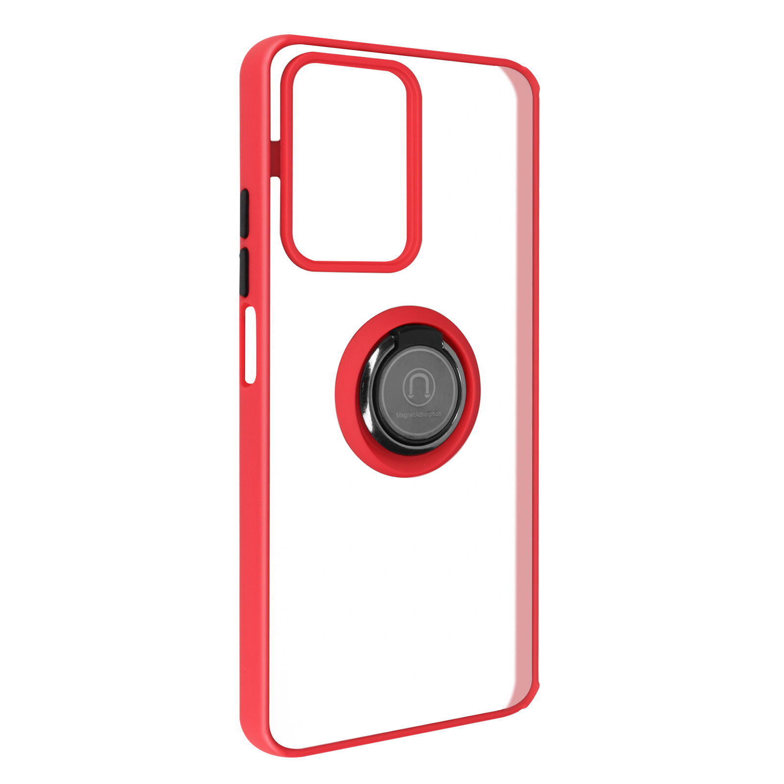 Custodia per telefono, cornice rossa, con supporto ad anello. Sfondo bianco.