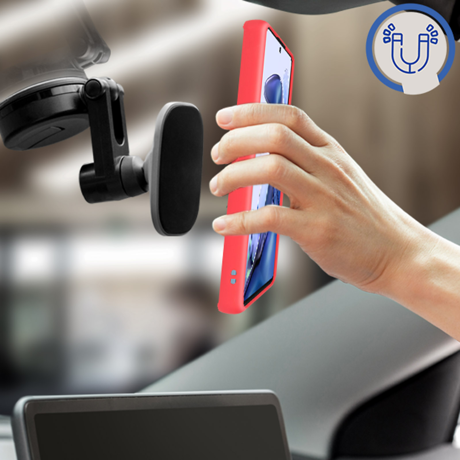 Mano che posiziona un telefono rosso in un supporto per auto. Simbolo magnete.
