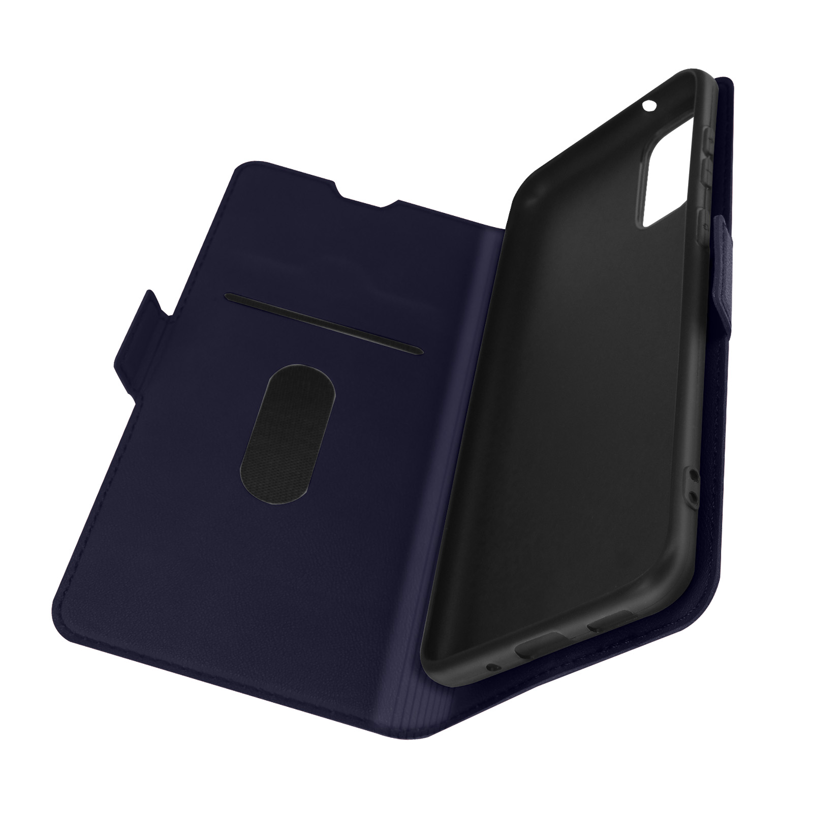 Una custodia per telefono blu scuro con un design a portafoglio aperto. L'interno è nero e la custodia è su una superficie bianca.