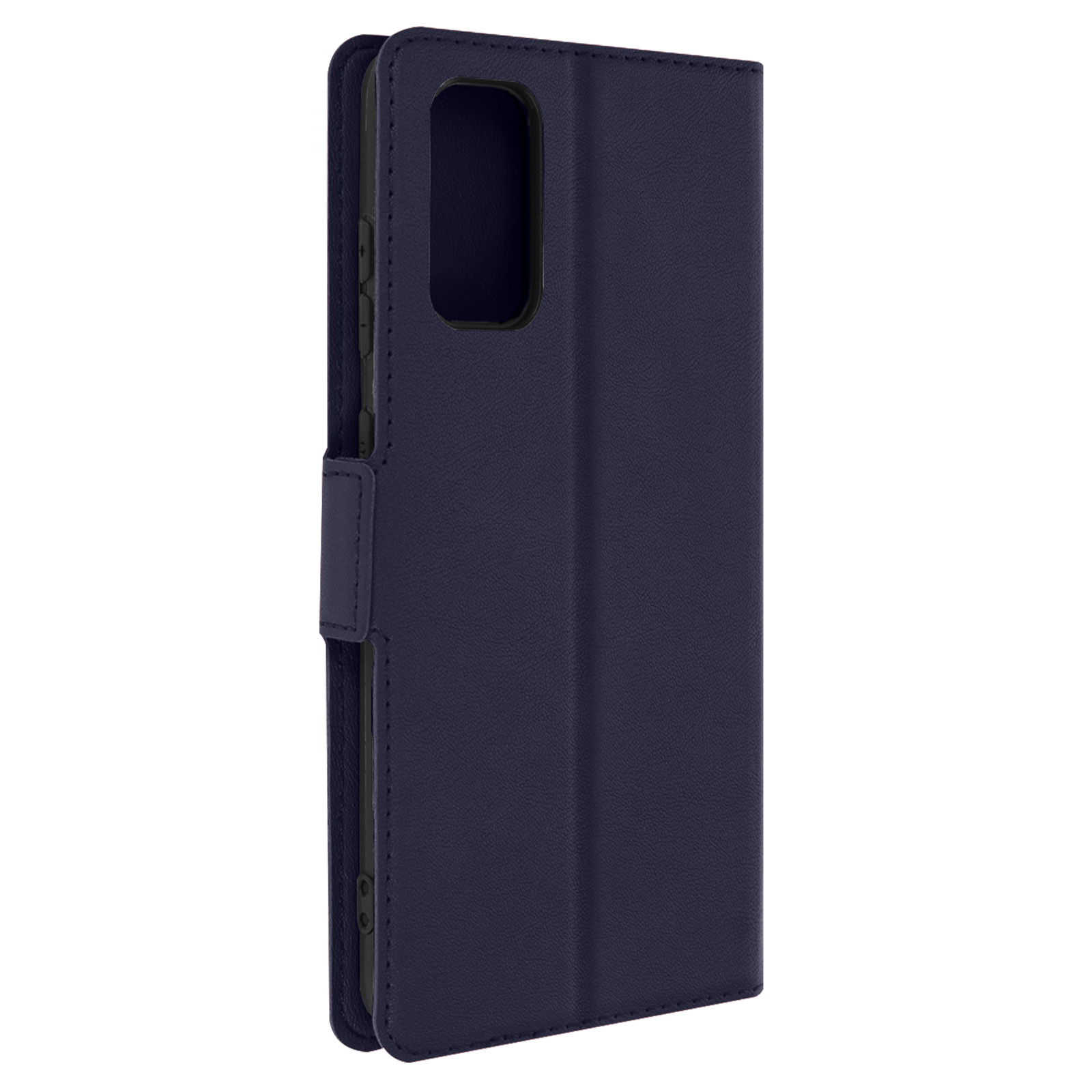 Una custodia per telefono blu navy, chiusa. La custodia è simile alla pelle con chiusura magnetica.