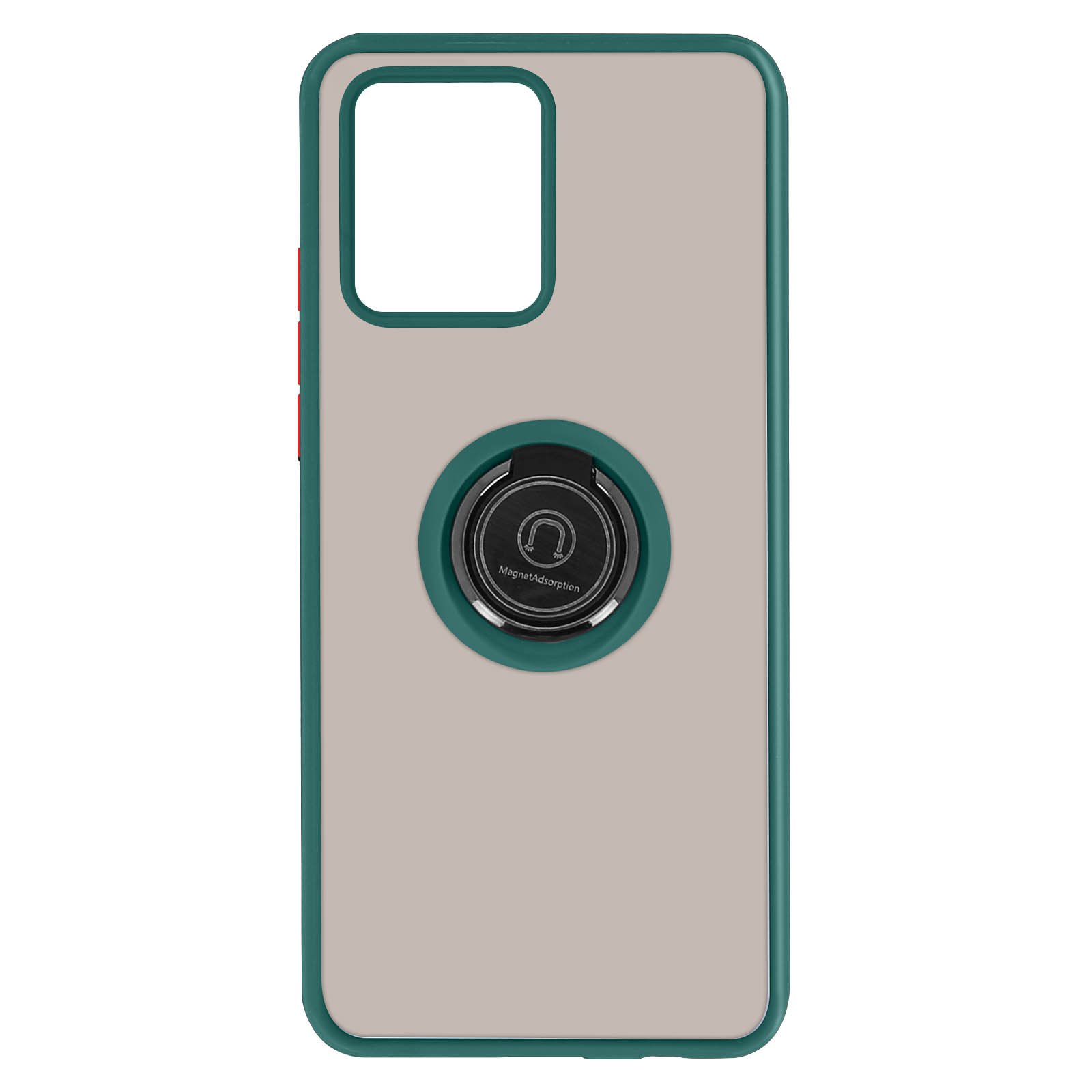 Custodia per telefono con bordo verde, anello di supporto. Sfondo beige.