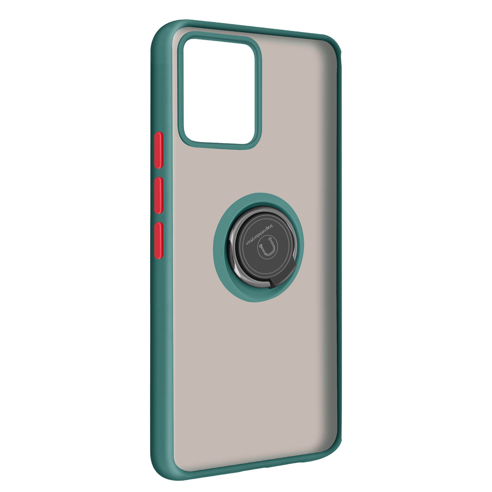 Custodia per telefono con supporto ad anello. Ha una cornice verde e pulsanti rossi.