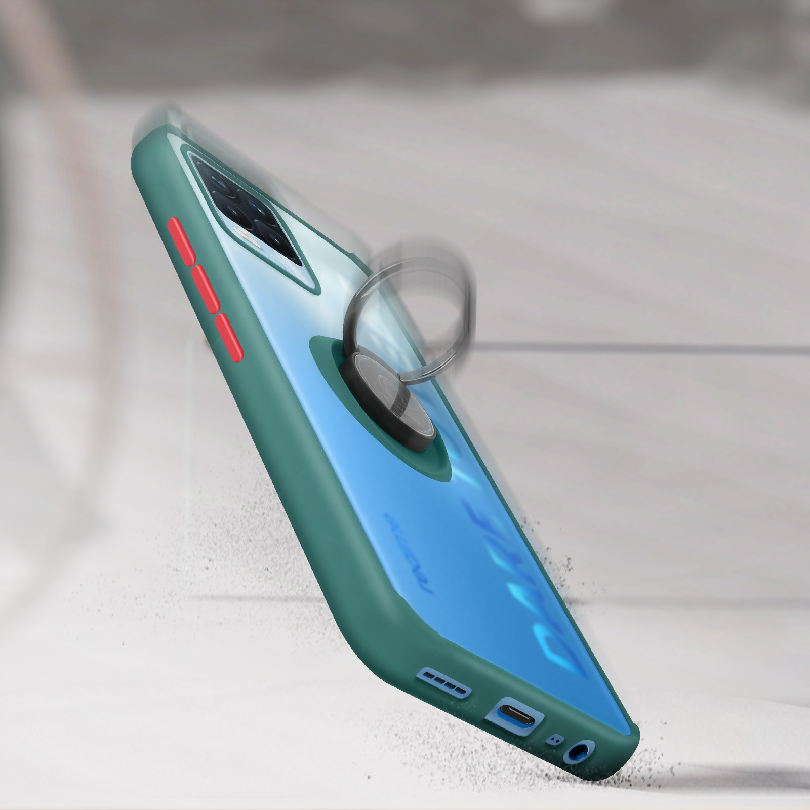 Uno smartphone in una custodia verde acqua con un porta anello. La custodia è inclinata, mostrando lo schermo.