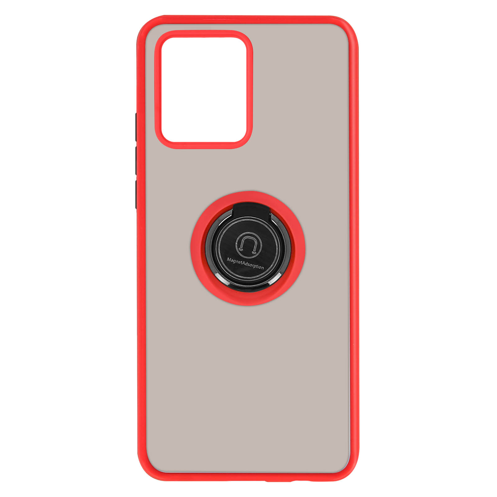 Una custodia per telefono con cornice rossa e un porta anello al centro. È visibile un ritaglio per la fotocamera.