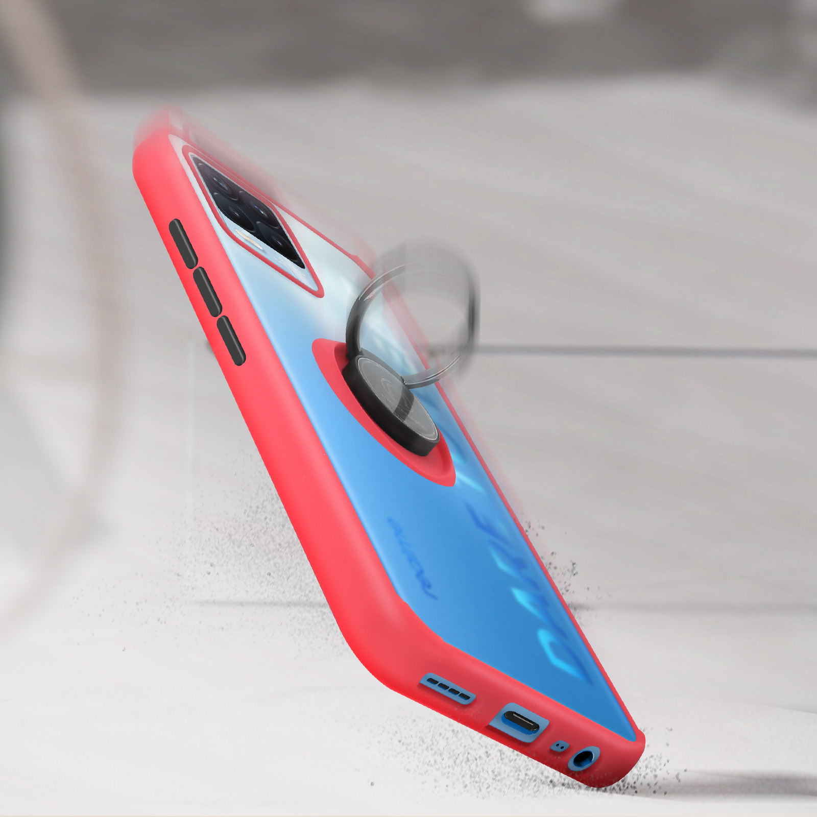 Custodia per telefono rossa e blu con anello di supporto. Il telefono sembra cadere.