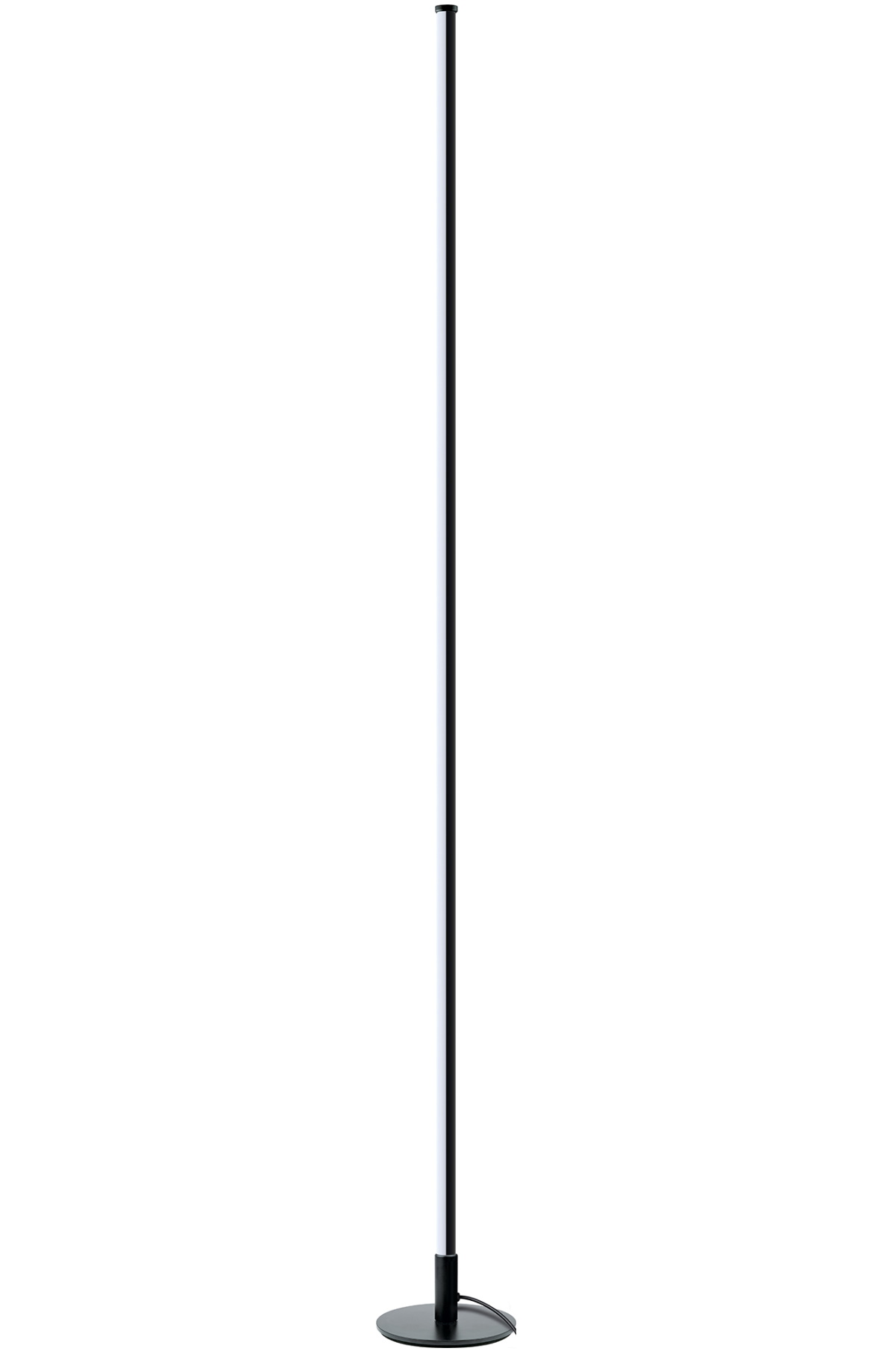 Eine schwarze Stehlampe. Sie hat ein dünnes, langes Licht und einen runden Sockel.