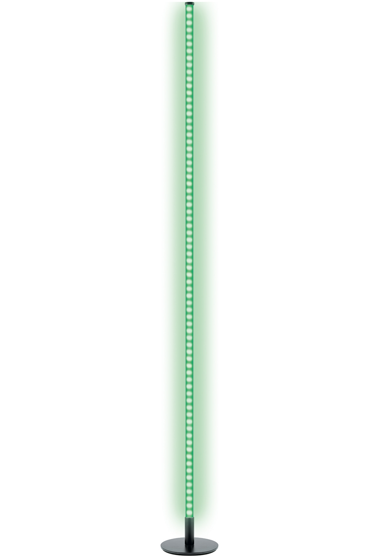 Eine hohe grüne LED-Lichtleiste mit schwarzem Sockel, vor weißem Hintergrund.