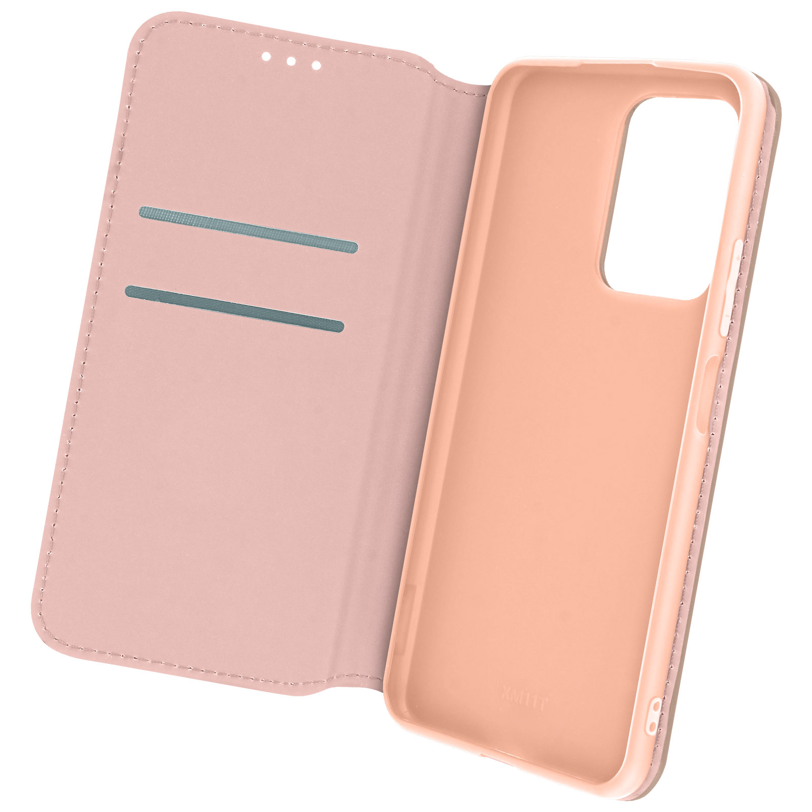 Custodia per telefono rosa, aperta, che mostra l'interno, una custodia rosa. Sfondo bianco.