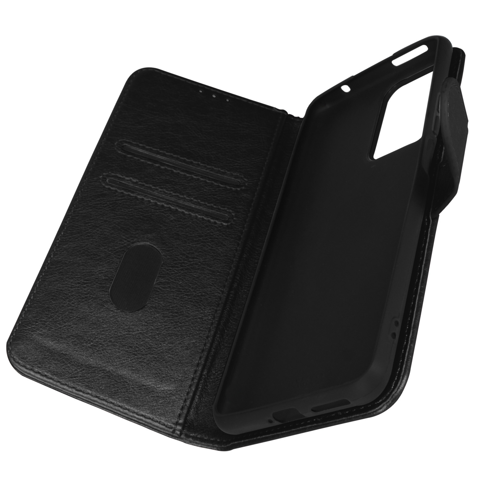 Étui de téléphone en cuir noir, ouvert, montrant l'intérieur avec un étui noir et une fente pour carte.