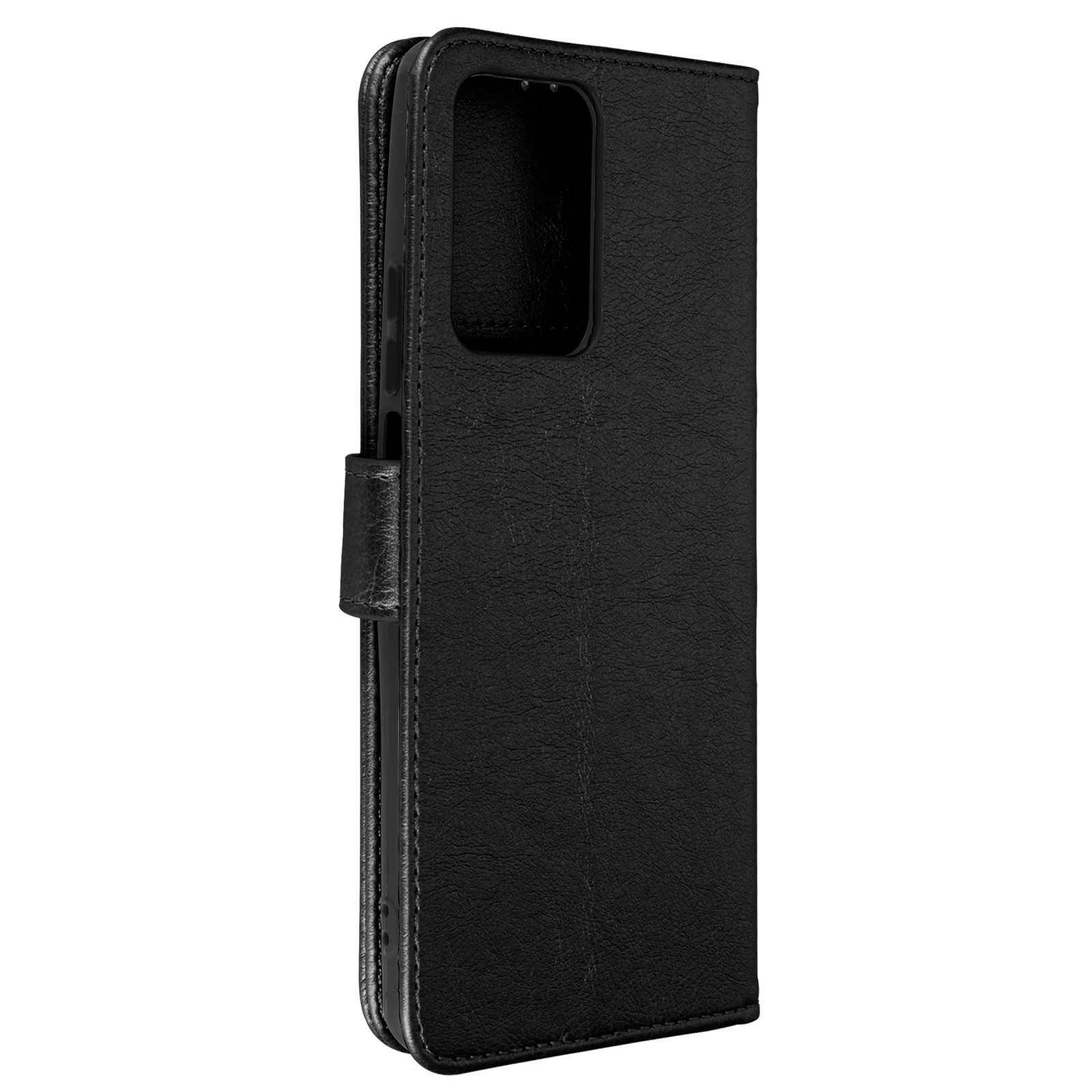 Coque de téléphone noire, fermée, avec une texture cuir, sur une surface blanche.