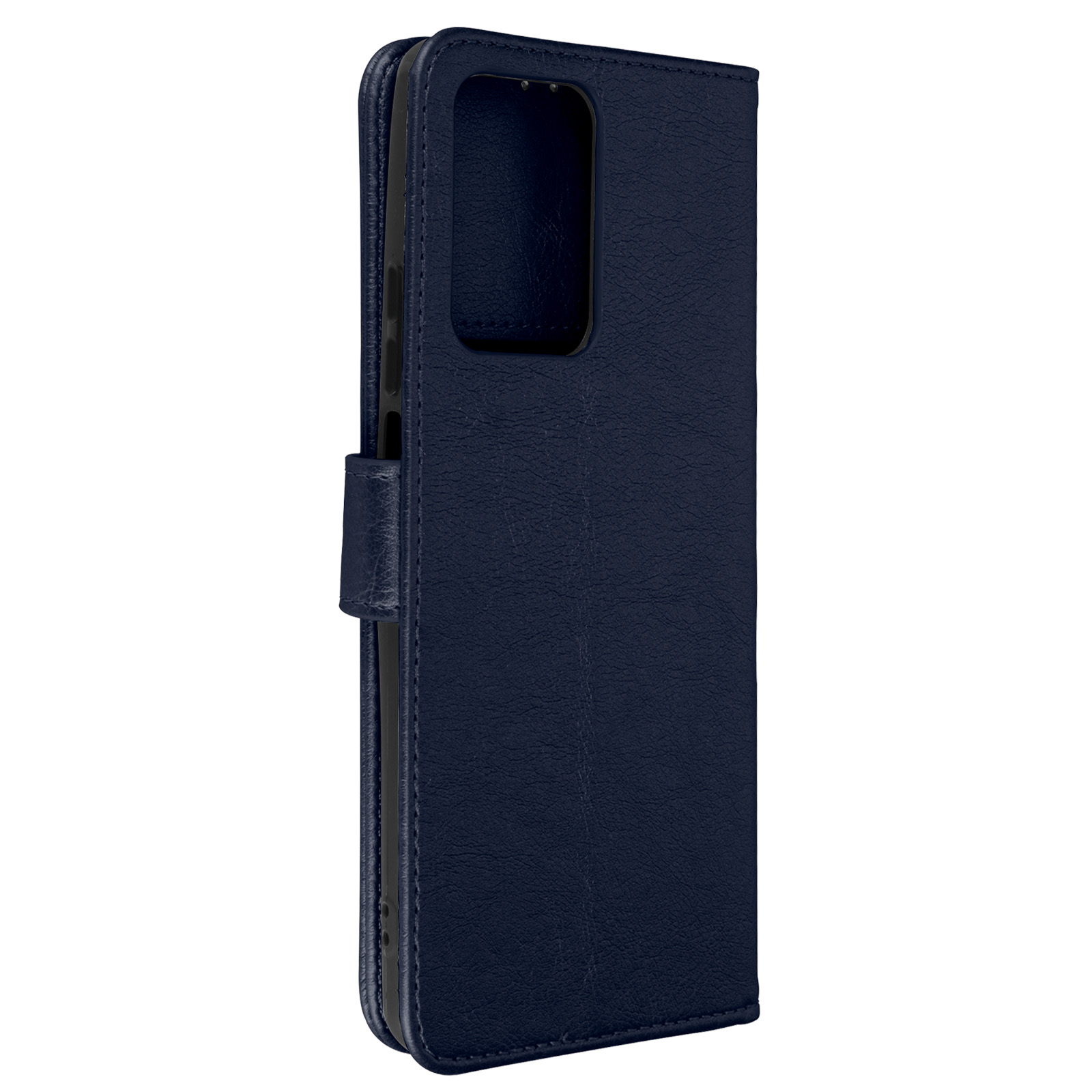 Marineblauwe portemonnee telefoonhoes, met de telefoon erin en de sluiting.