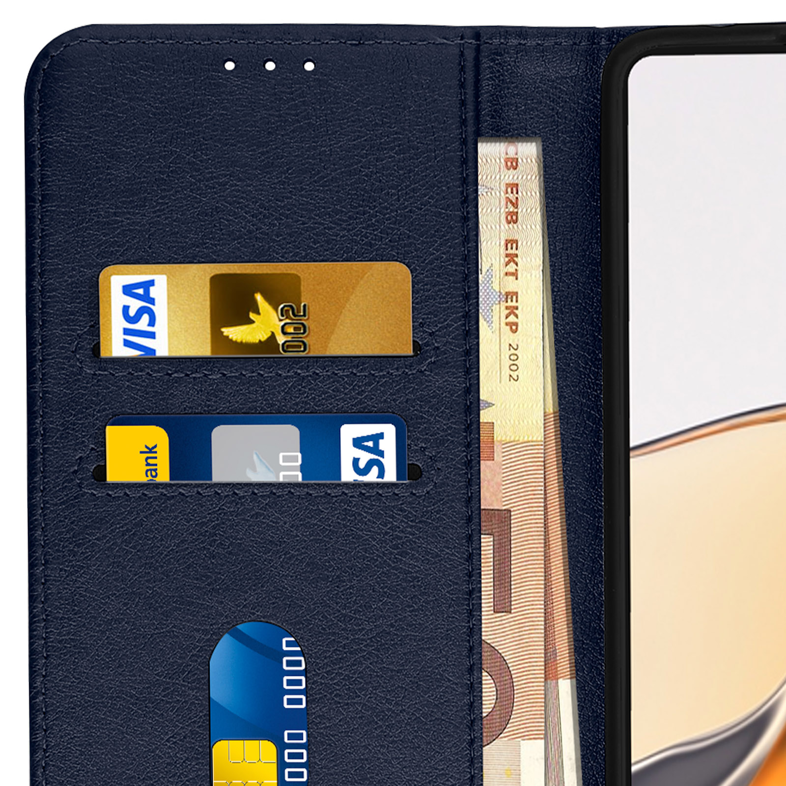 Donkerblauwe telefoonhoes met creditcards en geld.