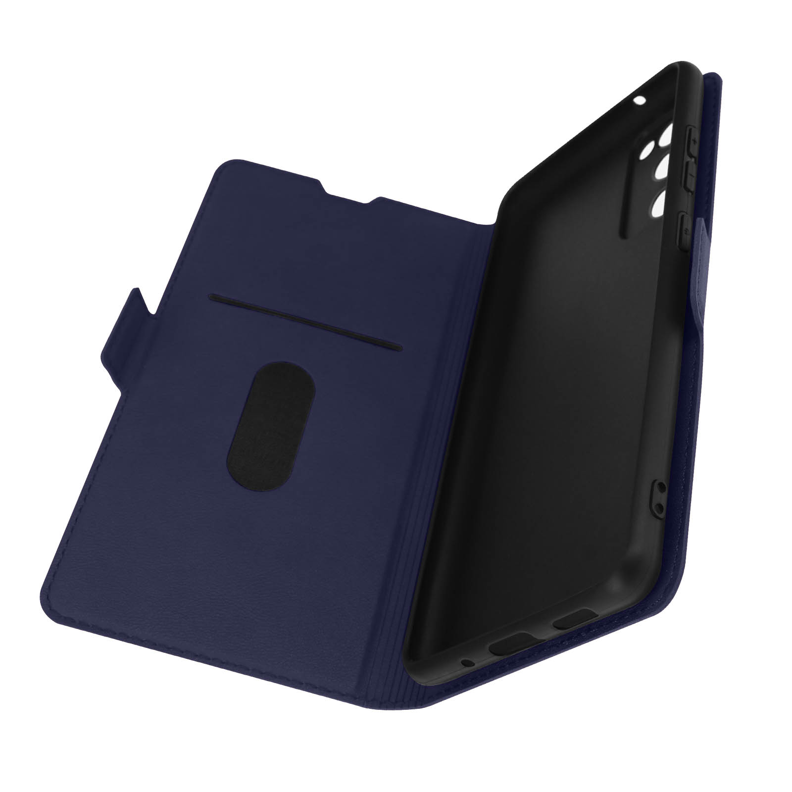 Una custodia blu per telefono, aperta, che mostra la cavità del telefono.