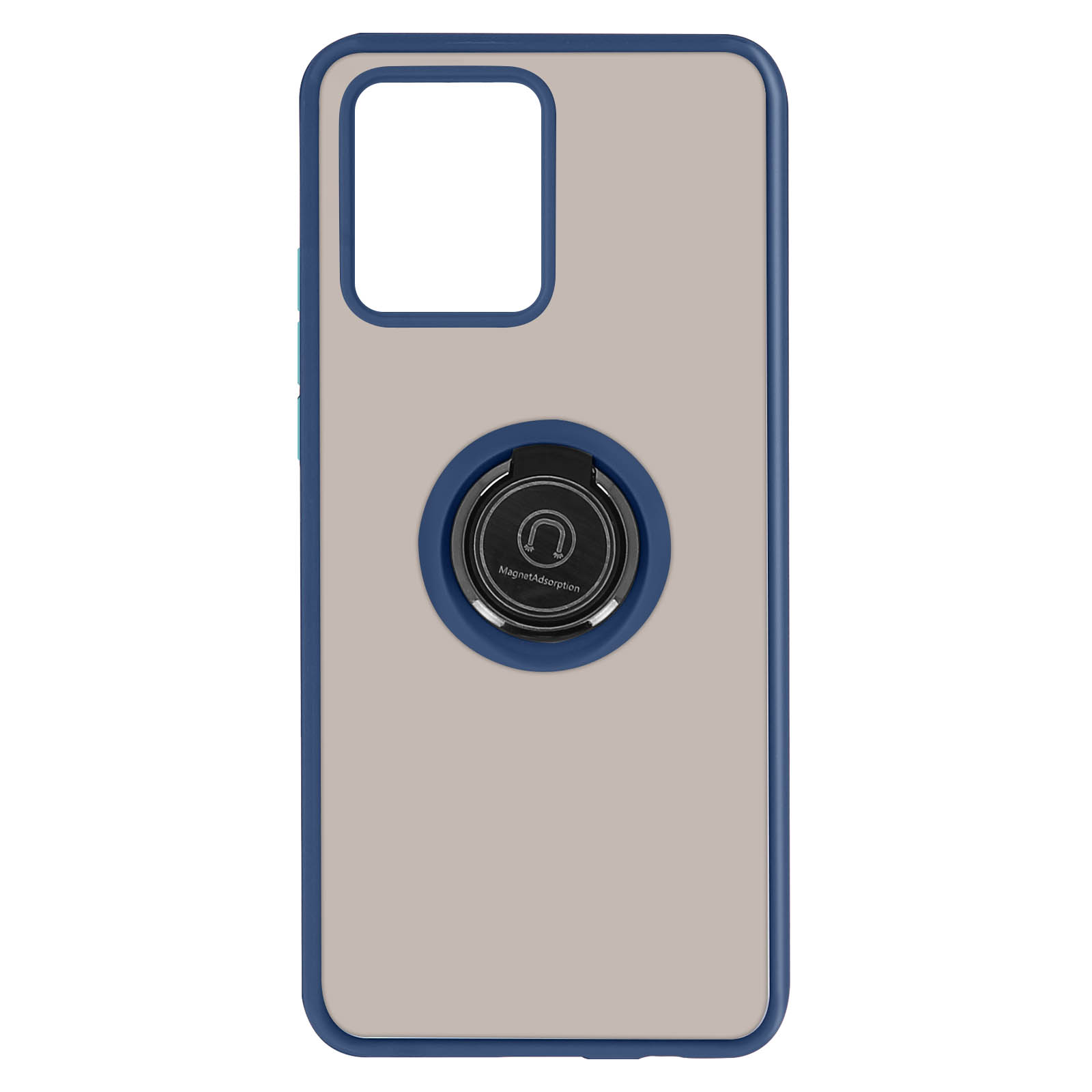 Una custodia per telefono con un supporto ad anello. La custodia è beige con un bordo blu.