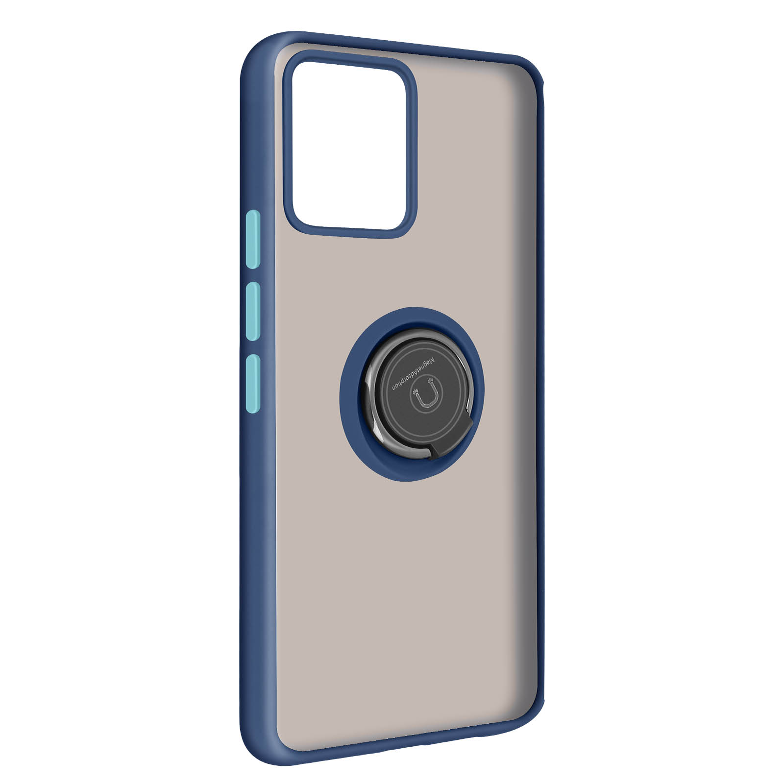 Custodia per telefono blu e trasparente con anello. La custodia è su una superficie bianca.
