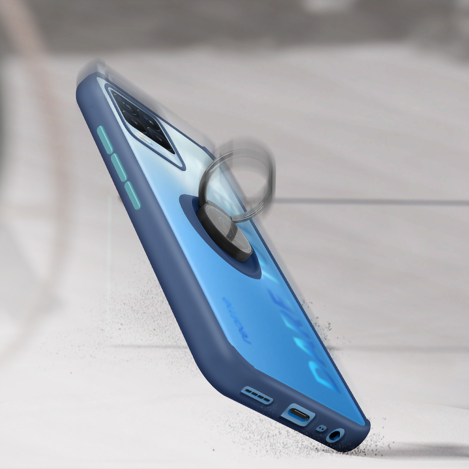 Custodia per telefono con cornice blu e anello, con un telefono all'interno, su sfondo bianco.