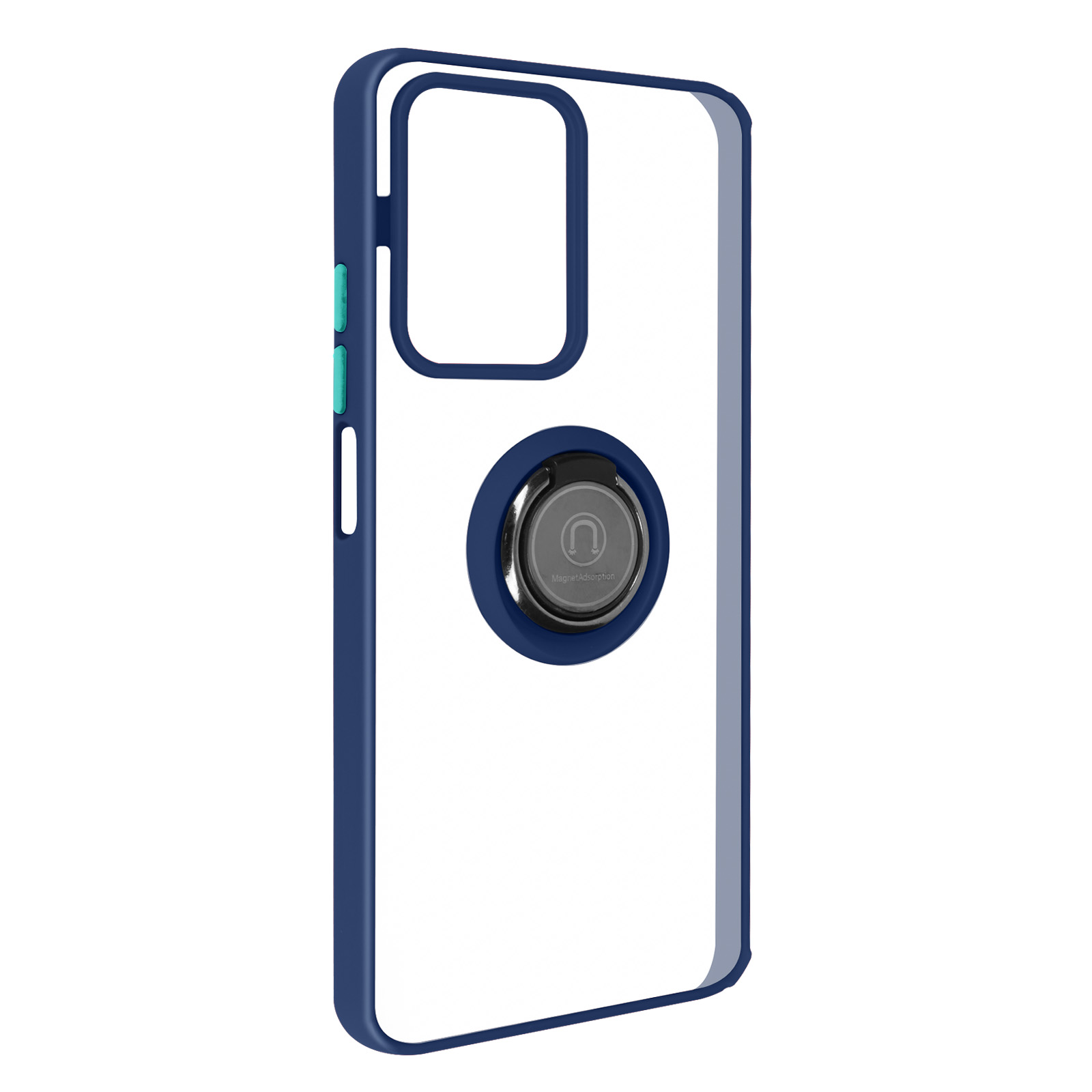 Una custodia trasparente per telefono con bordi blu e un supporto ad anello.