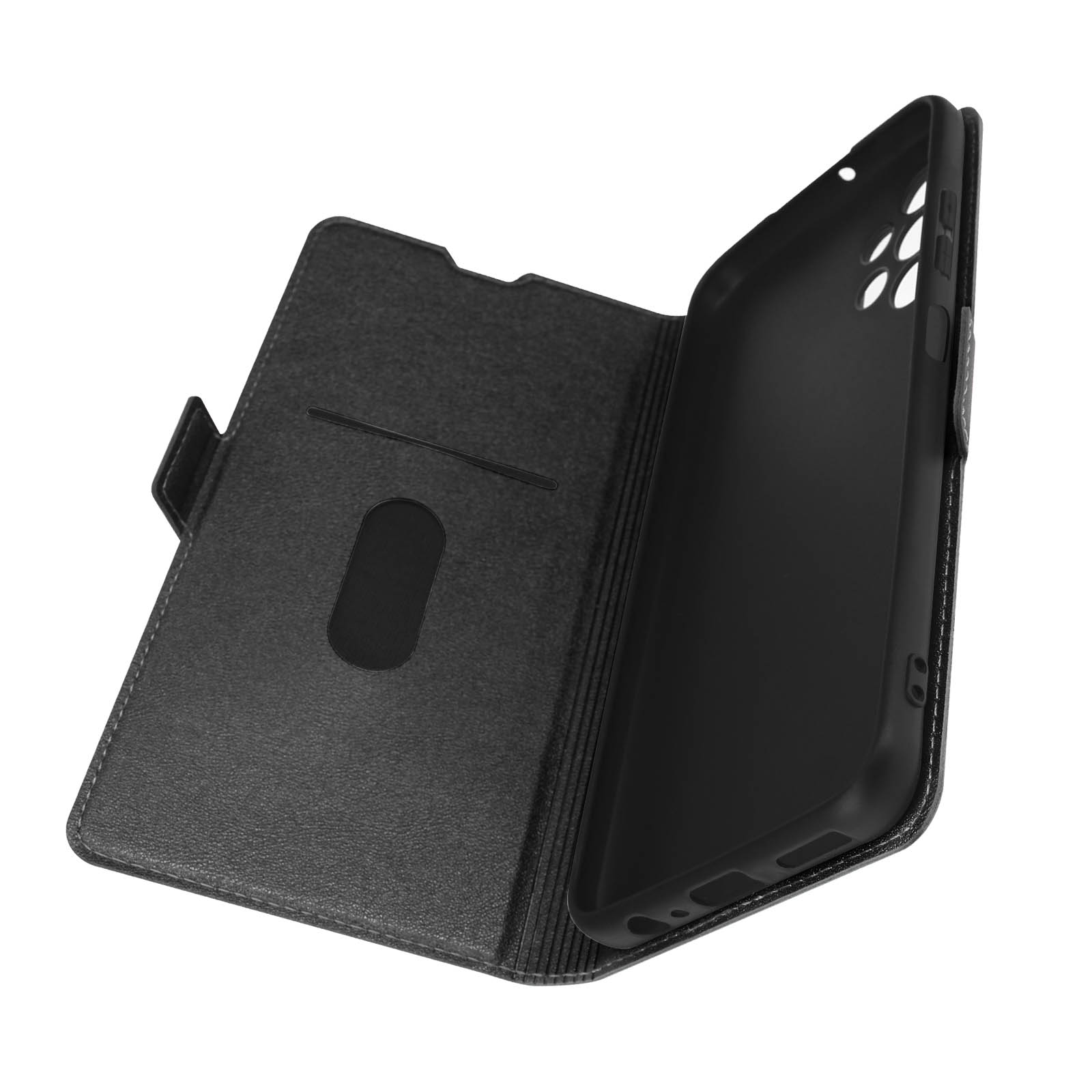 Custodia nera per telefono, aperta, che mostra l'interno. La custodia è in pelle con fessura per carte.