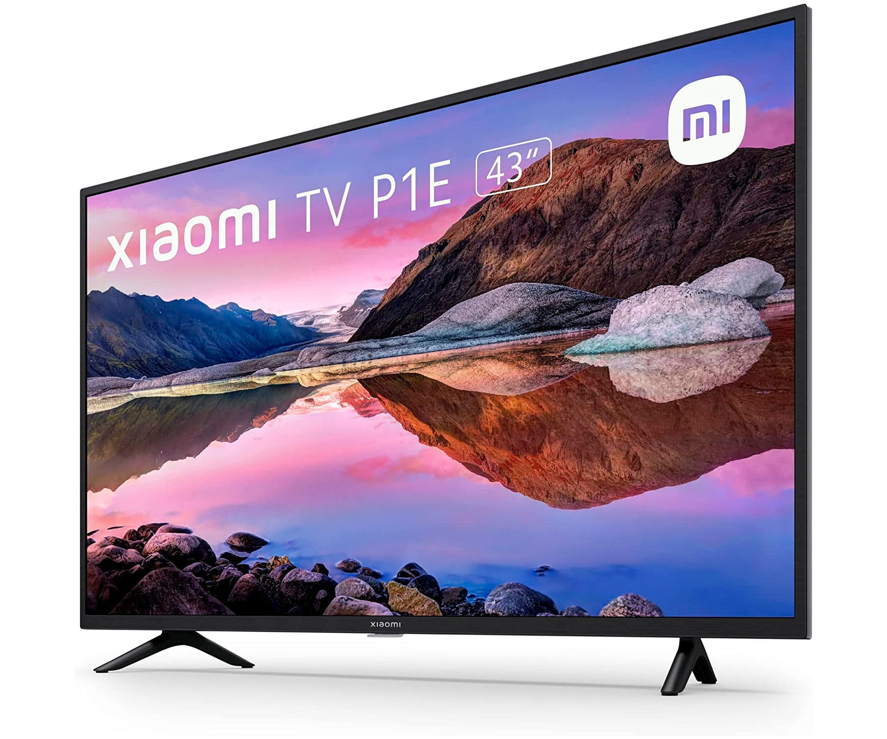 Un televisor Xiaomi TV P1E 43" que muestra un paisaje con un cielo rosa.