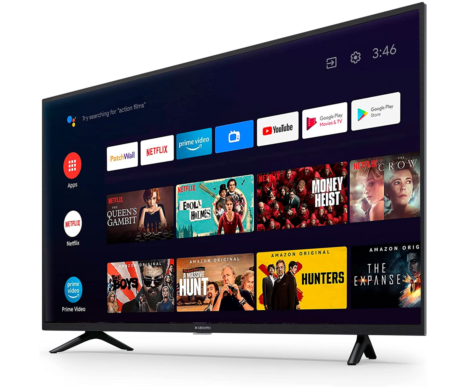Un televisor inteligente negro que muestra una pantalla de inicio con varios iconos de aplicaciones, incluyendo Netflix.