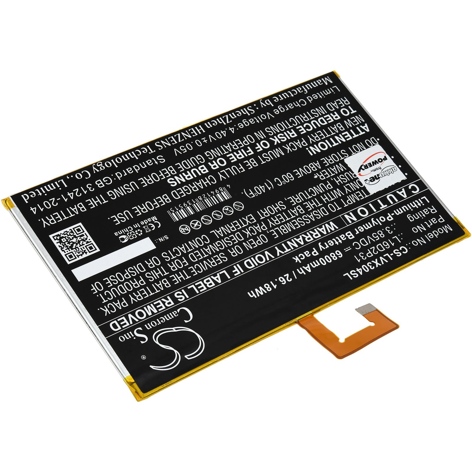 Una batería de teléfono con texto, advertencias y un conector naranja.