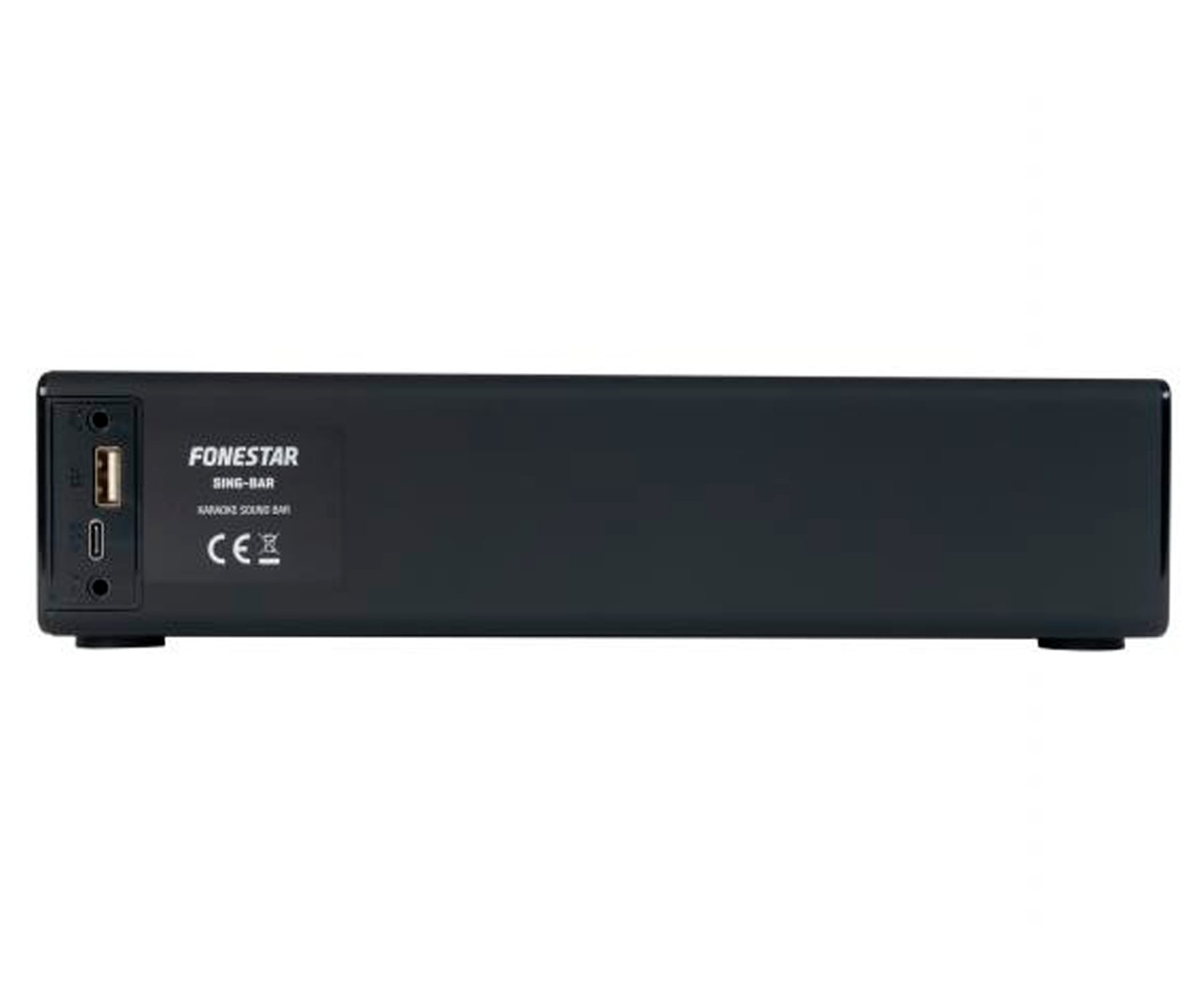 Barra de sonido karaoke rectangular negra. Parte trasera con puertos USB y energía.